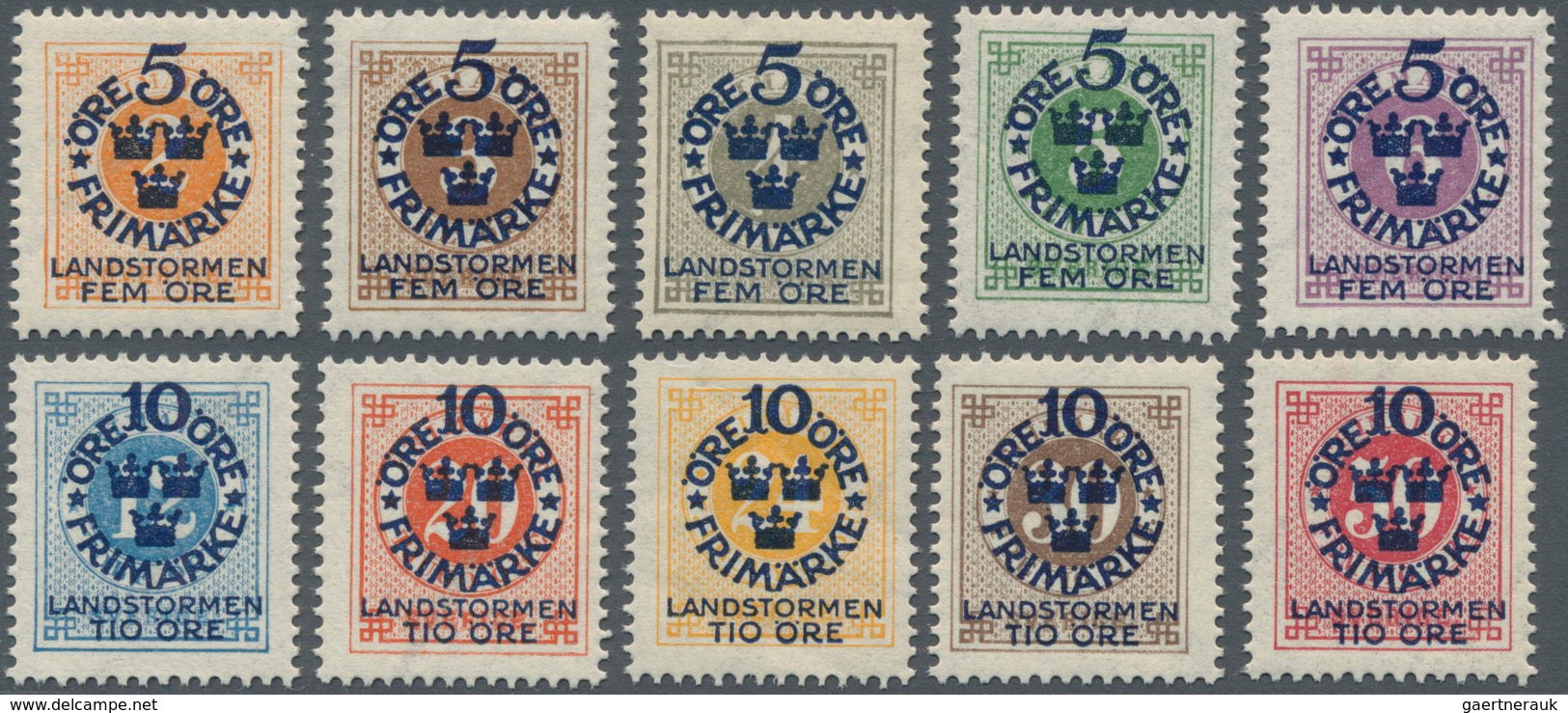 Schweden: 1916, Landstorm I Set Of Ten 2öre Orange To 50öre Carmine In A Lot With 90 Sets Mostly In - Neufs