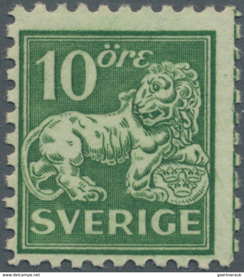 Schweden: 1921, Standing Lion 10öre Green On Toned Paper Four-side Perf. 9¾ With Wmk. Lines In A Lot - Neufs