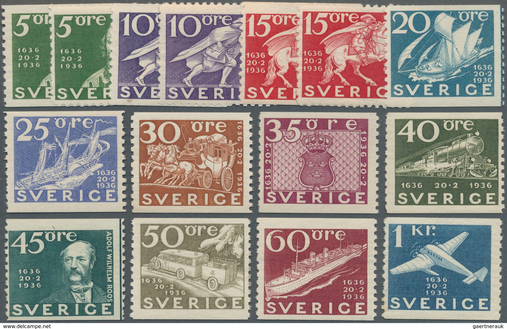 Schweden: 1936, Tercentenary Of Swedish Post Complete Set Of 15 (incl. The Four-side Perf. Stamps) I - Nuevos