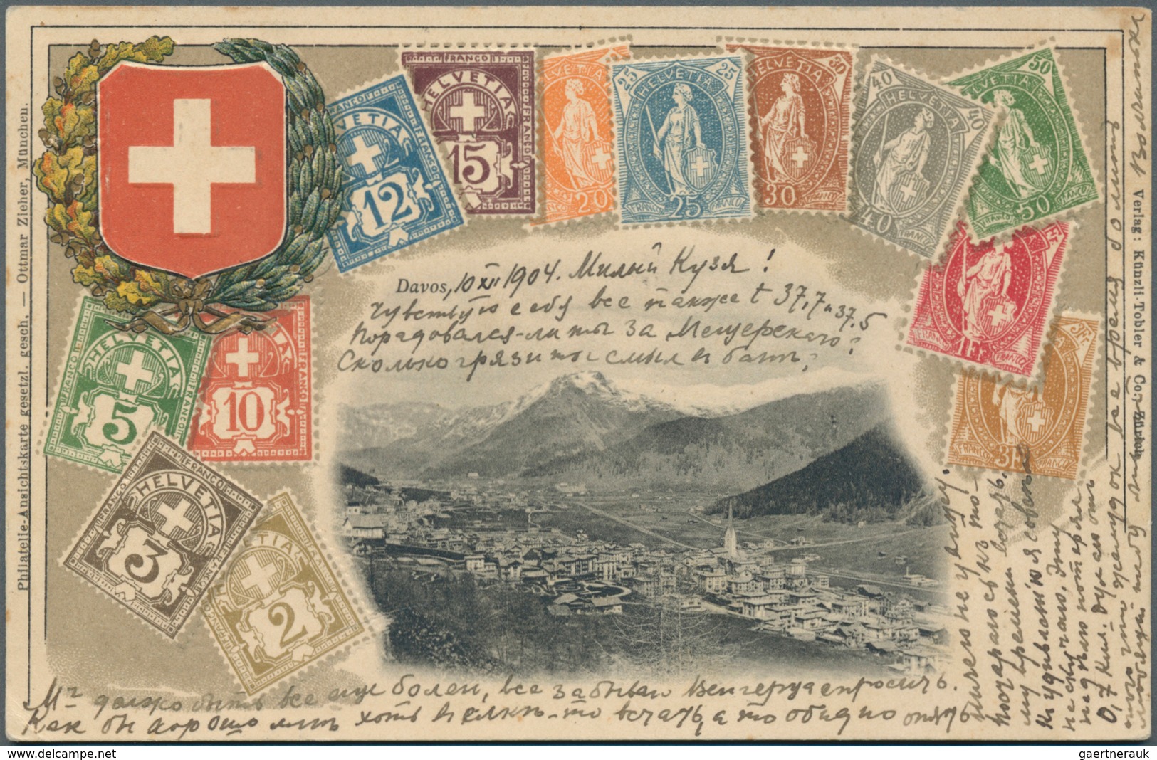 Schweiz: 1900 Ca.: Fünf Verschiedene Ansichtskarten Mit Abbildungen Alter, Schweiz. Briefmarken Sowi - Otros & Sin Clasificación