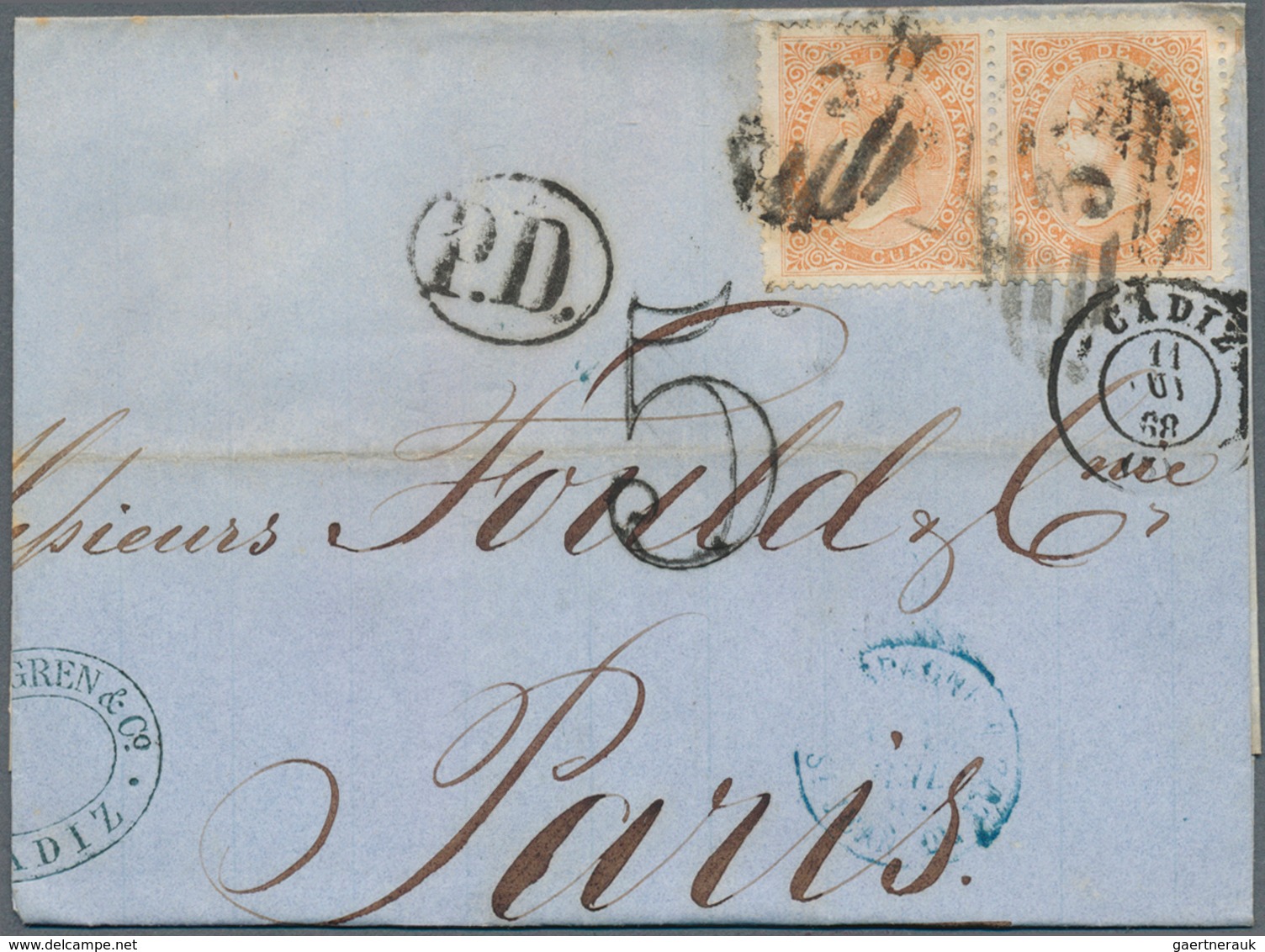 Spanien: 1860/1869, Group With 7 Franked Covers To France, Comprising Single Frankings 12 Cs Carmine - Gebruikt