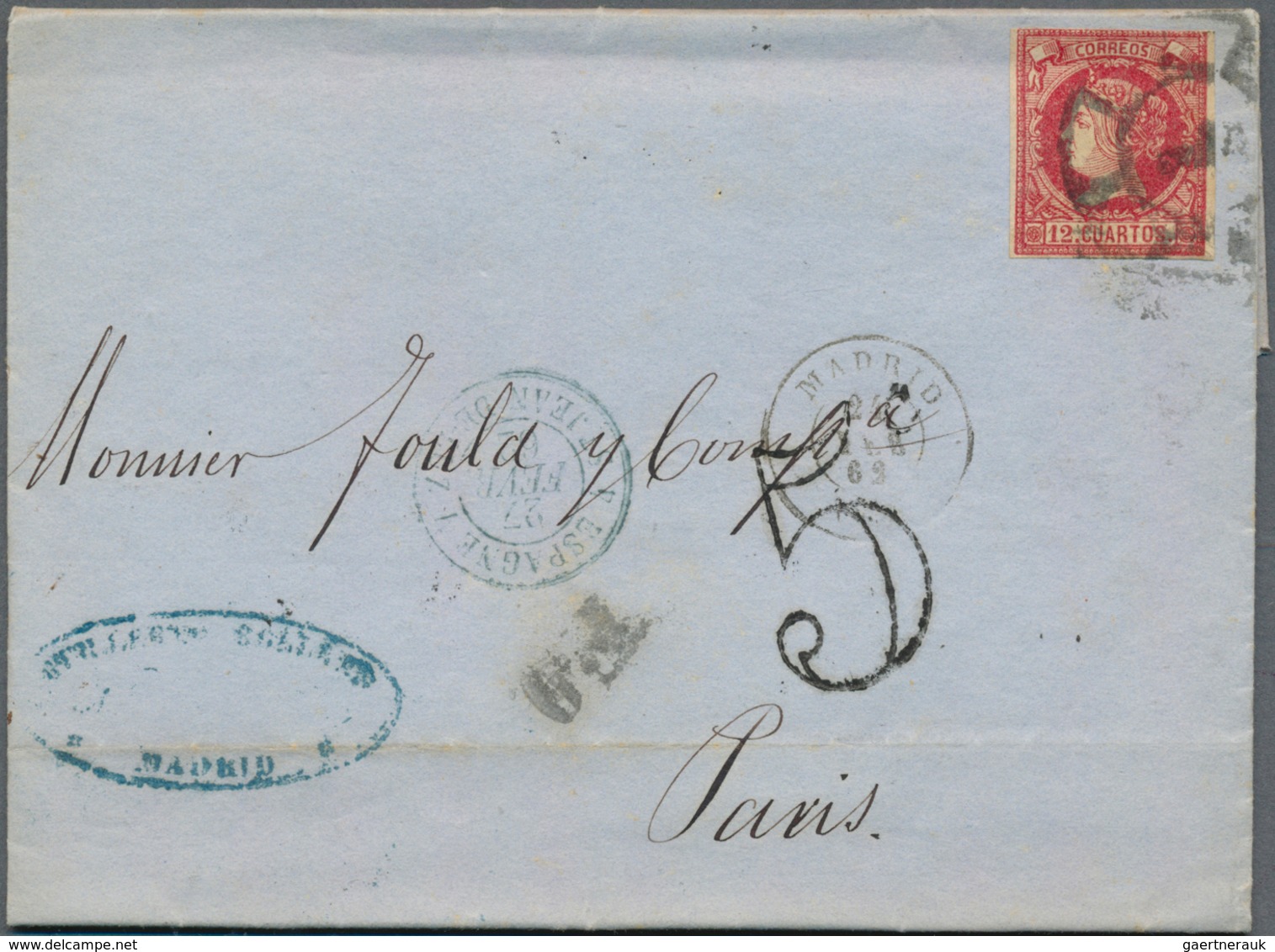 Spanien: 1860/1869, Group With 7 Franked Covers To France, Comprising Single Frankings 12 Cs Carmine - Oblitérés