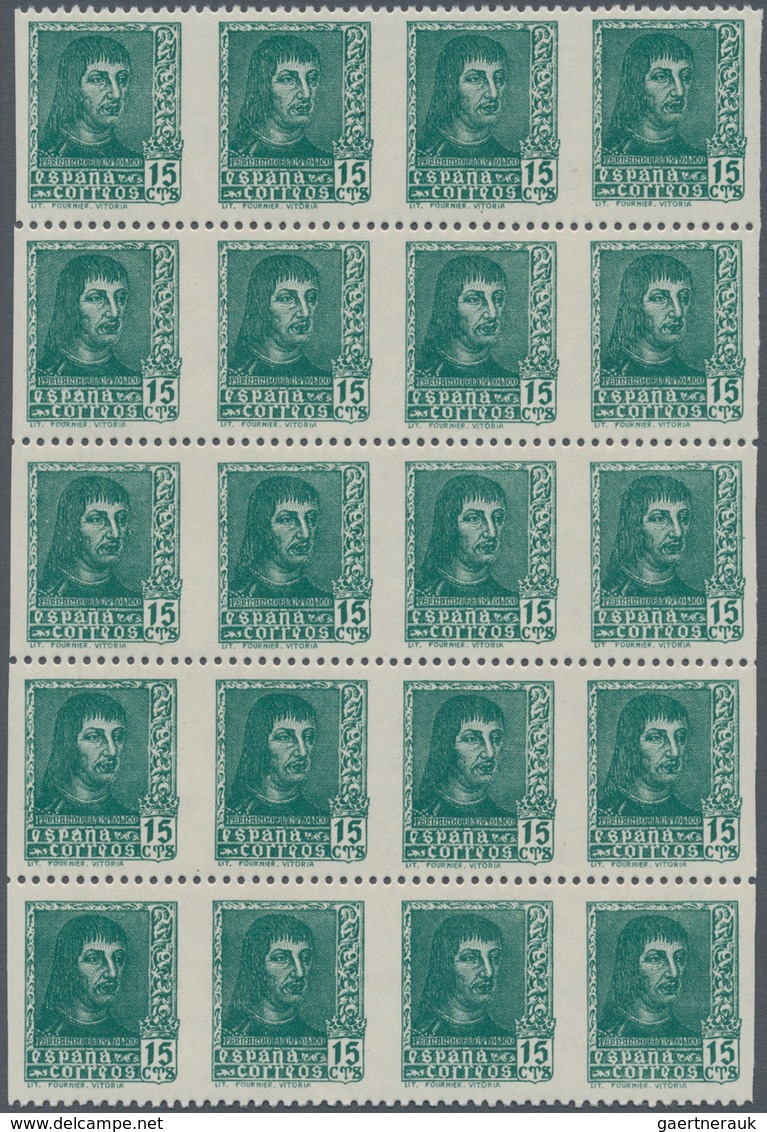 Spanien: 1938, Ferdinand II. 15c. Dark Green (‚Lit. Fournier Vitoria‘) In A Lot With 70 Stamps In Bl - Used Stamps