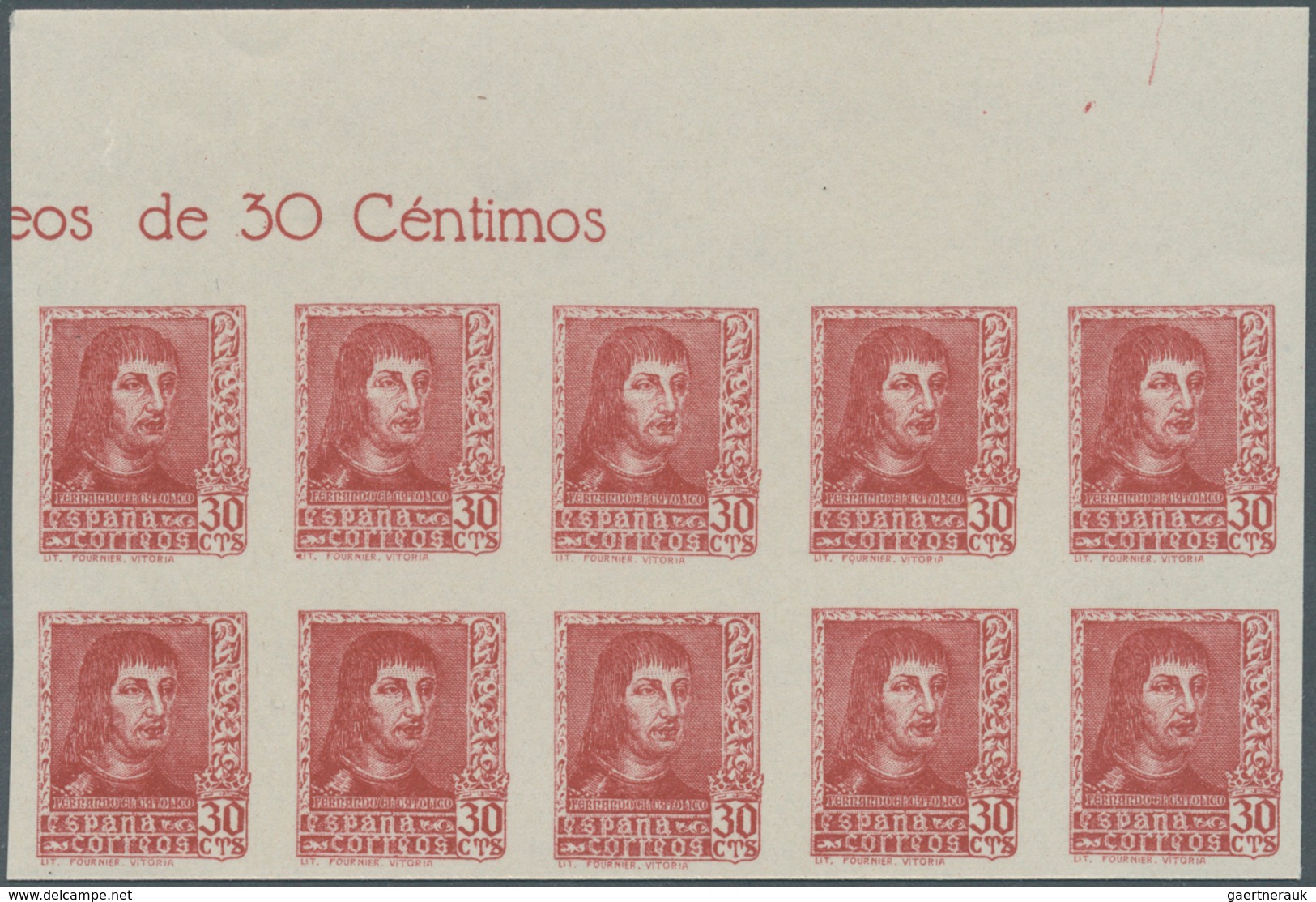 Spanien: 1938, Ferdinand II. Definitive Issue 30c. Carmine-red In A Lot With 60 IMPERFORATE Stamps I - Oblitérés