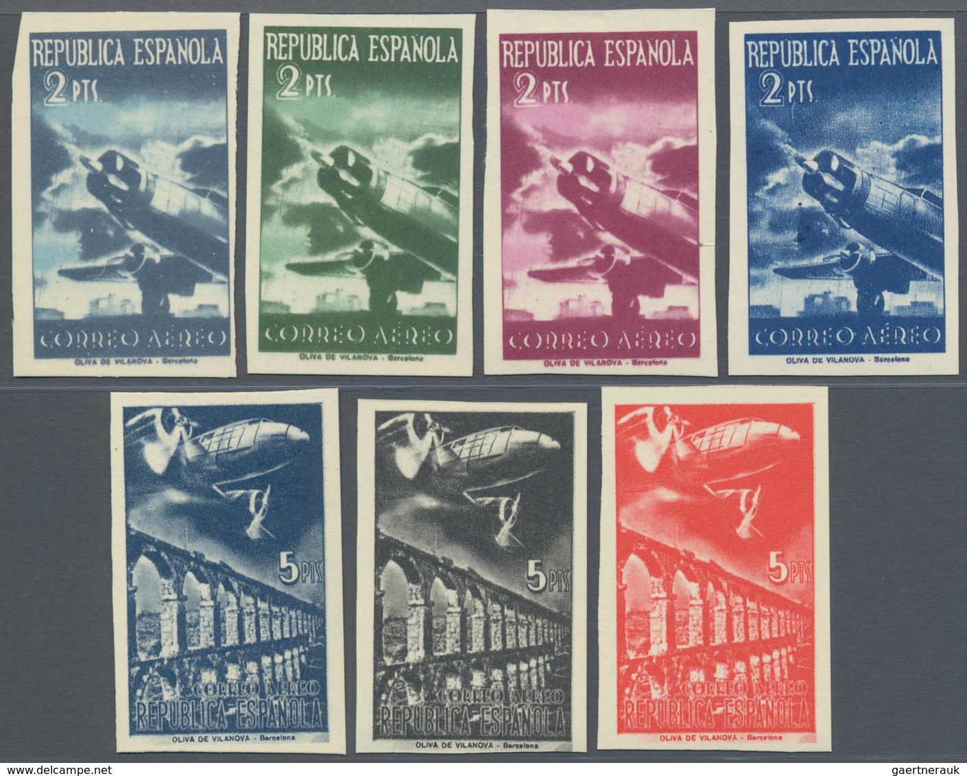Spanien: 1939, UNISSUED Airmail Stamps With Airplanes 2pta. ‚Ford‘ And 5pta. ‚Douglas DC 2‘ In An In - Oblitérés