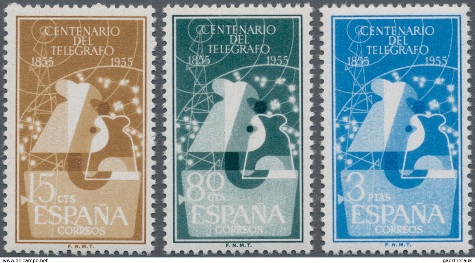 Spanien: 1955, 100 Years Spanish Telegraphy Complete Set Of Three In A Lot With Approx. 140 Sets Wit - Oblitérés