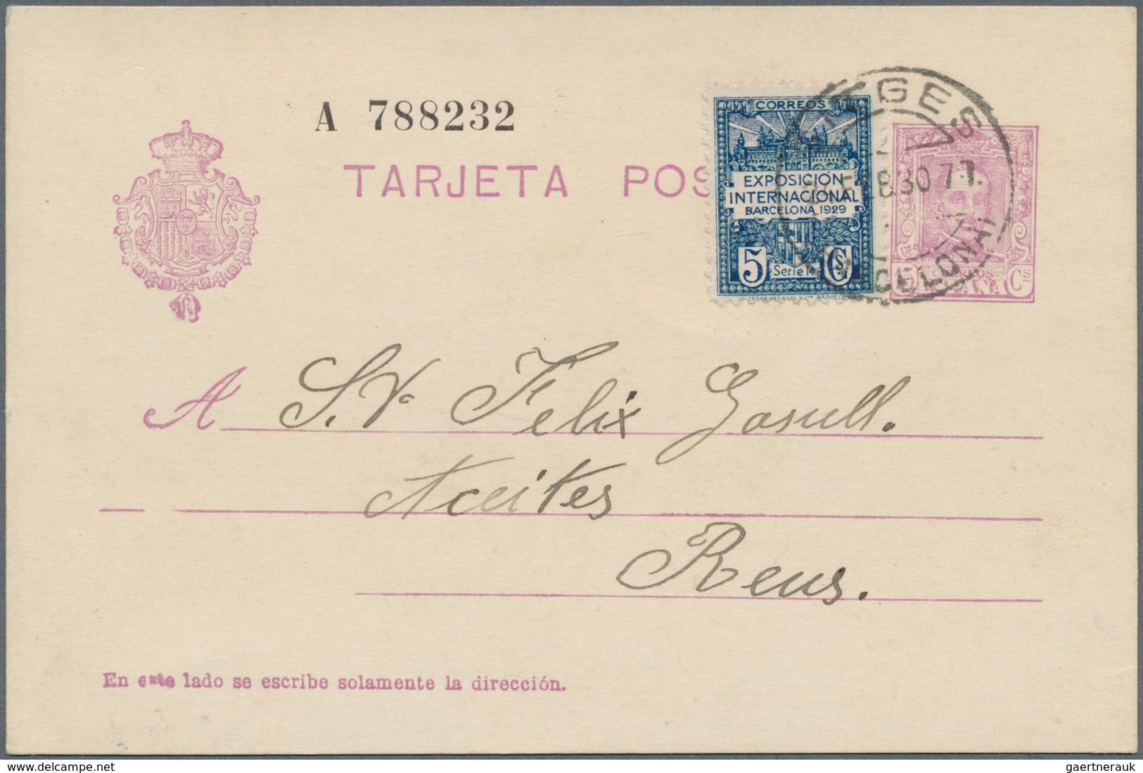 Spanien - Zwangszuschlagsmarken Für Barcelona: 1929/1930, Group Of 6 Used Postal Stationery Cards, E - War Tax