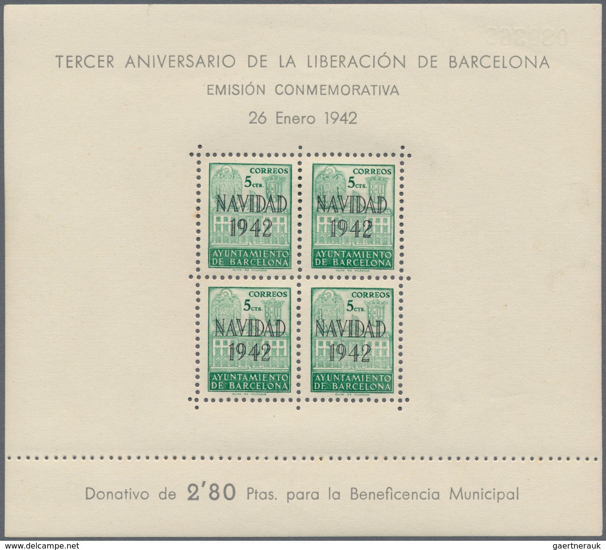 Spanien - Zwangszuschlagsmarken Für Barcelona: 1942, Town Hall Of Barcelona Miniature Sheets With Op - Impuestos De Guerra