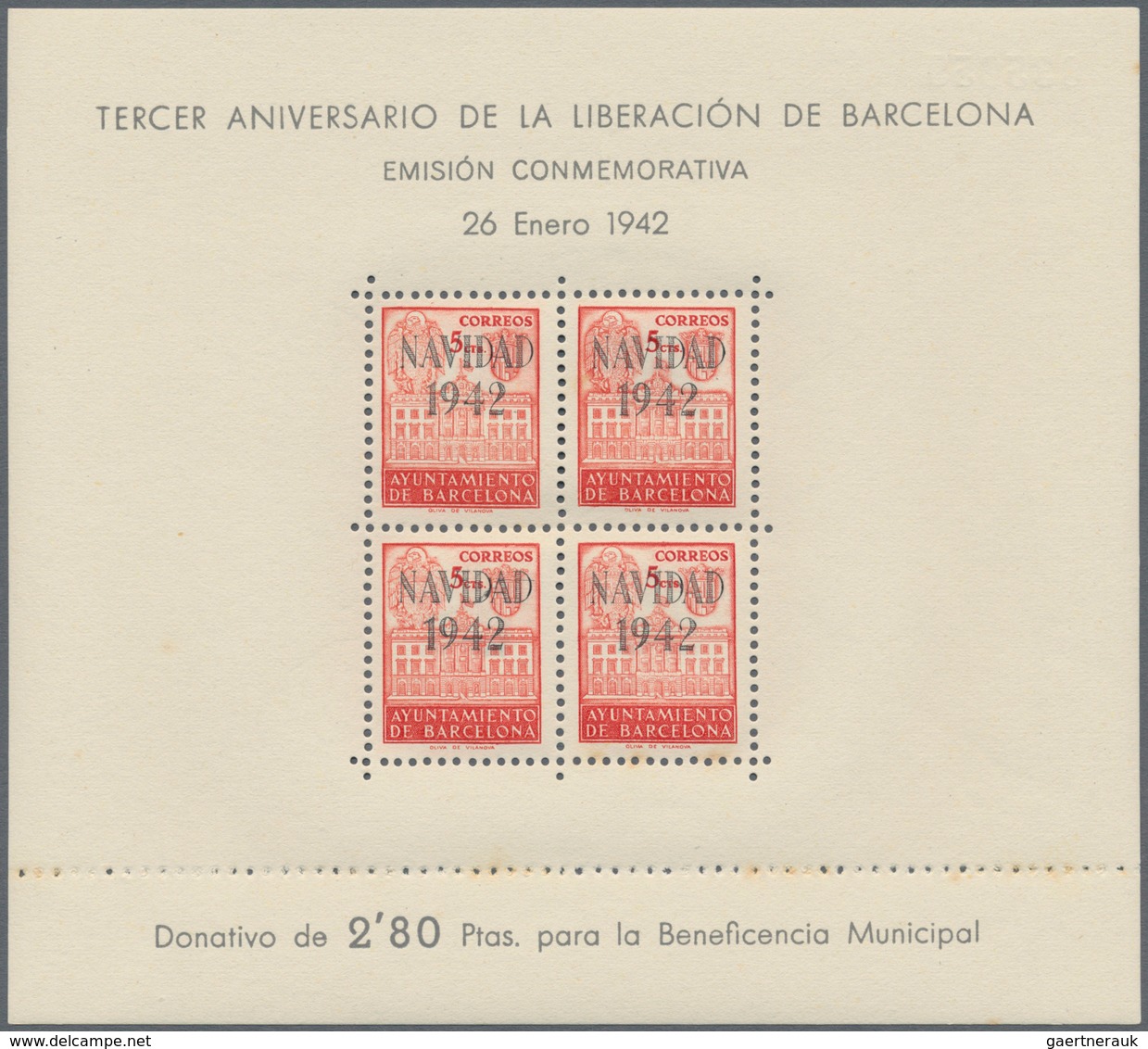 Spanien - Zwangszuschlagsmarken Für Barcelona: 1942, Town Hall Of Barcelona Miniature Sheets With Op - Impots De Guerre