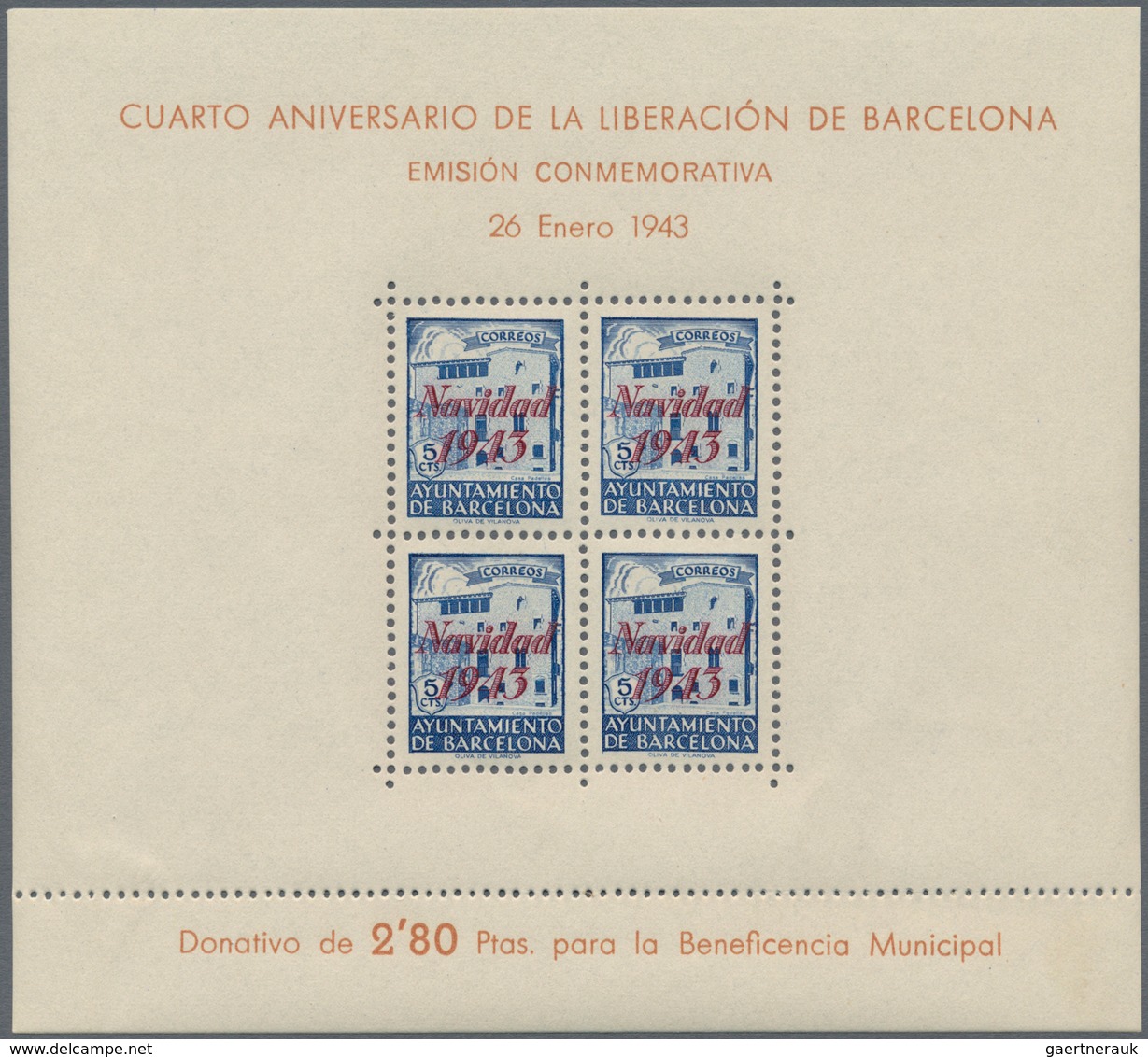 Spanien - Zwangszuschlagsmarken Für Barcelona: 1943, Casa Padellas Miniature Sheets With Opt. ‚NAVID - Impots De Guerre