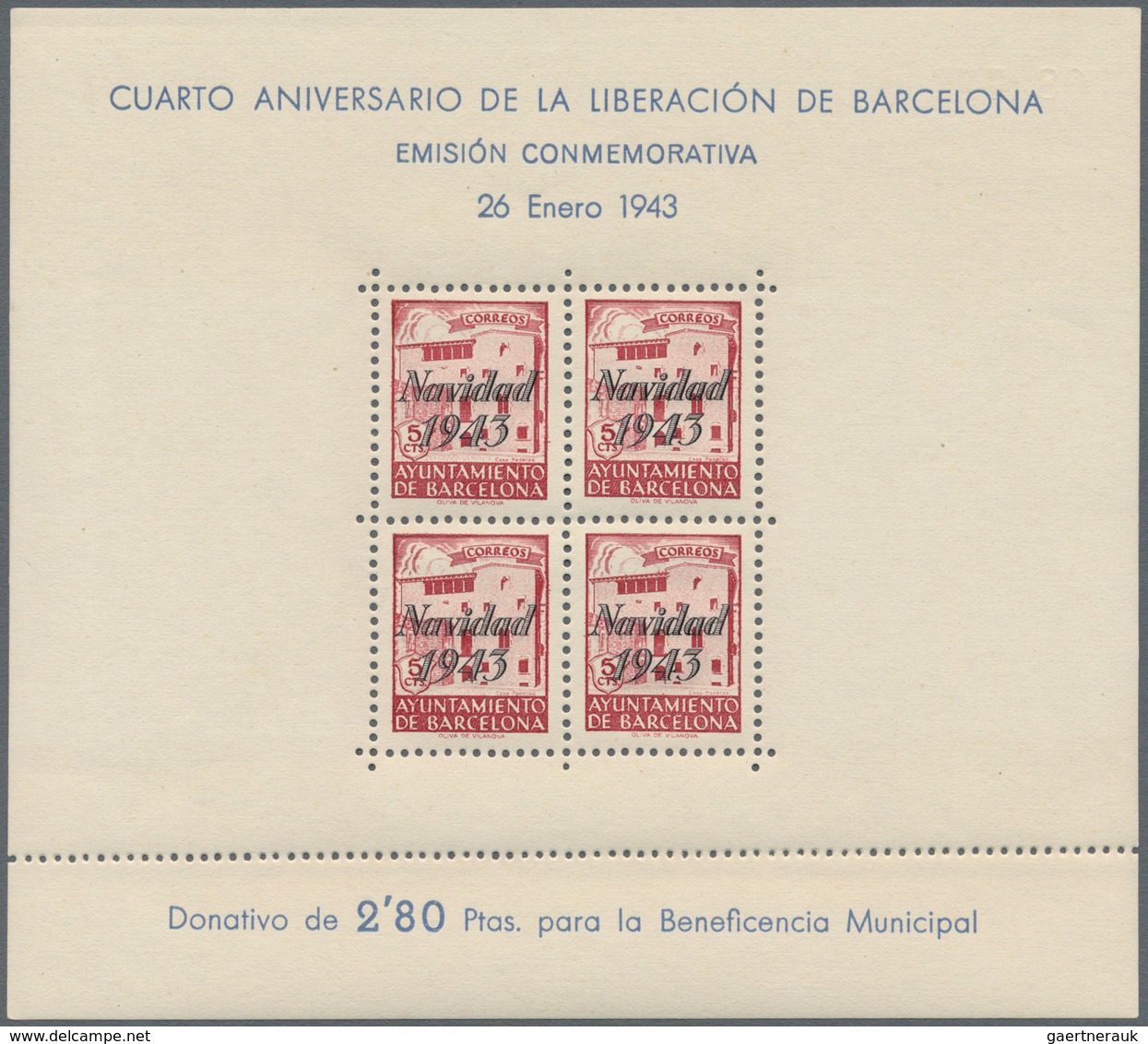 Spanien - Zwangszuschlagsmarken Für Barcelona: 1943, Casa Padellas Miniature Sheets With Opt. ‚NAVID - War Tax