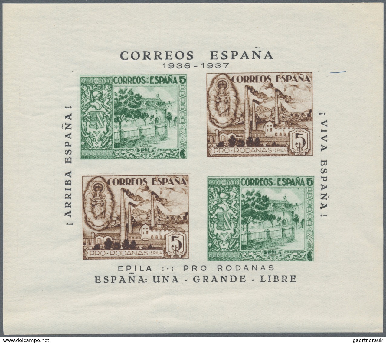 Spanien - Lokalausgaben: 1937, EPILA (PRO RODANAS): Civil War IMPERFORATE Miniature Sheet 4 X 5c. Gr - Emisiones Nacionalistas