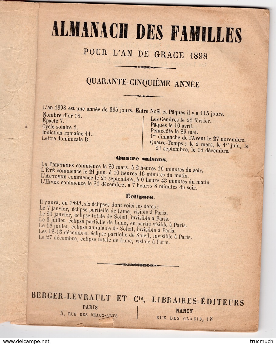 ALMANACH Des Familles 1898 (72 P) Expédition NANSEN - Naufrage Ville De Saint-Nazaire- Cloche Savoyarde - Juifs ... - Autres & Non Classés