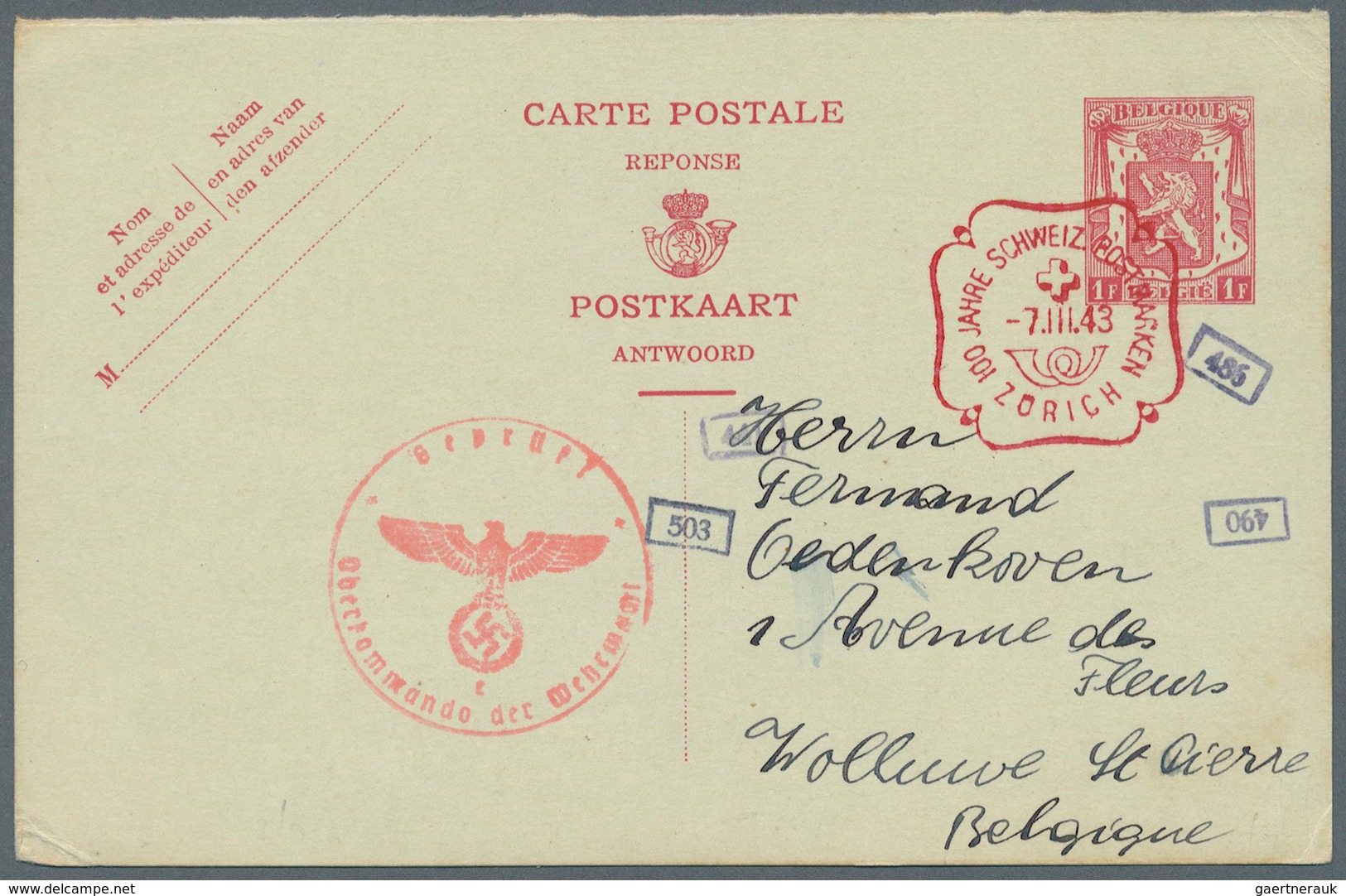 BENELUX: 1823/1943, Group Of Seven Better Entires, E.g. Four Belgien Reply Cards Returned From Switz - Otros - Europa