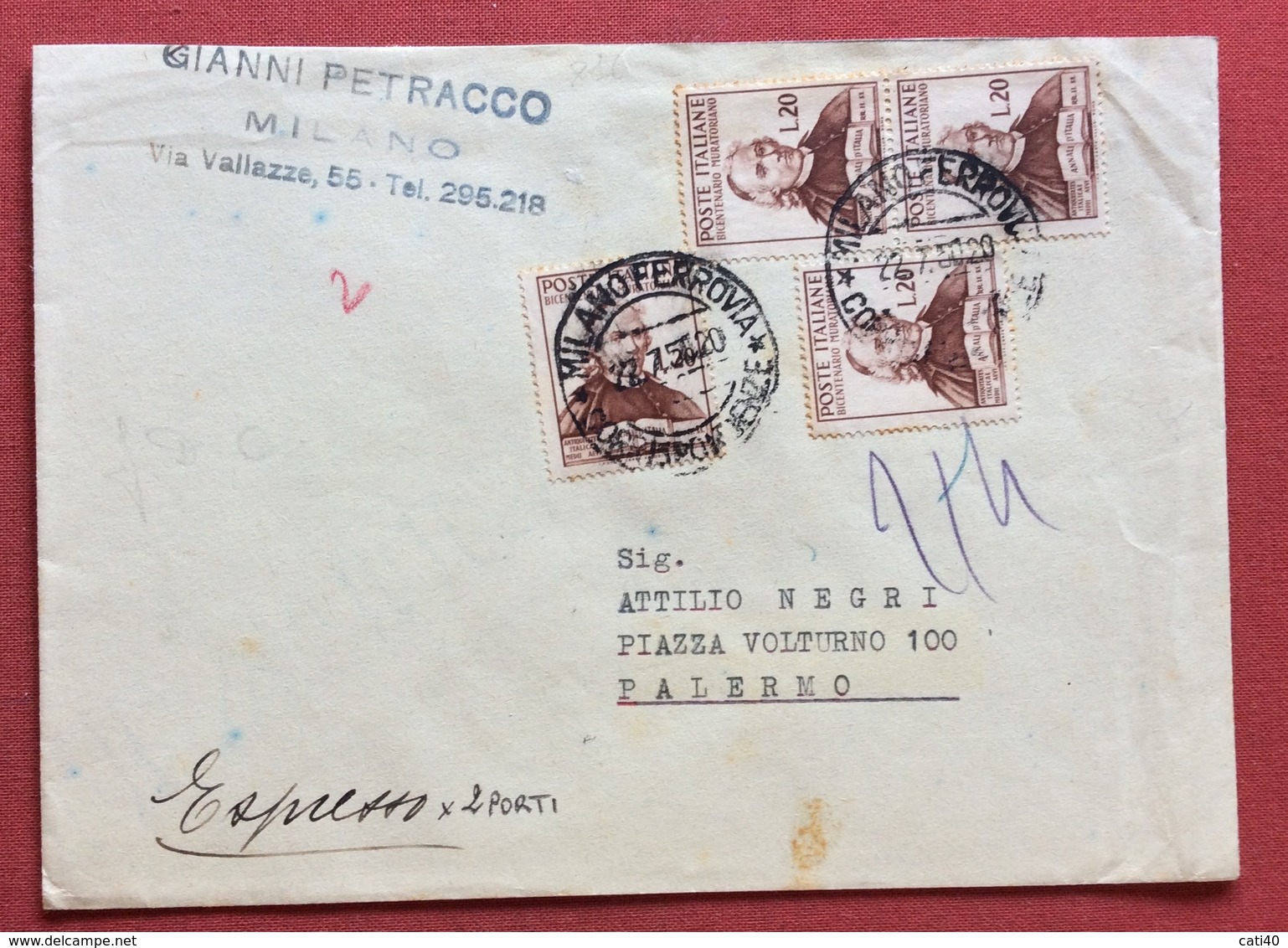 LODOVICO MURATORI L. 20 COPPIA + DUE ESEMPLARI SU BUSTA DOPPIO PORTO ESPRESSO DA MILANO A PALRMO IN DATA 22/7/52 - 1946-60: Storia Postale