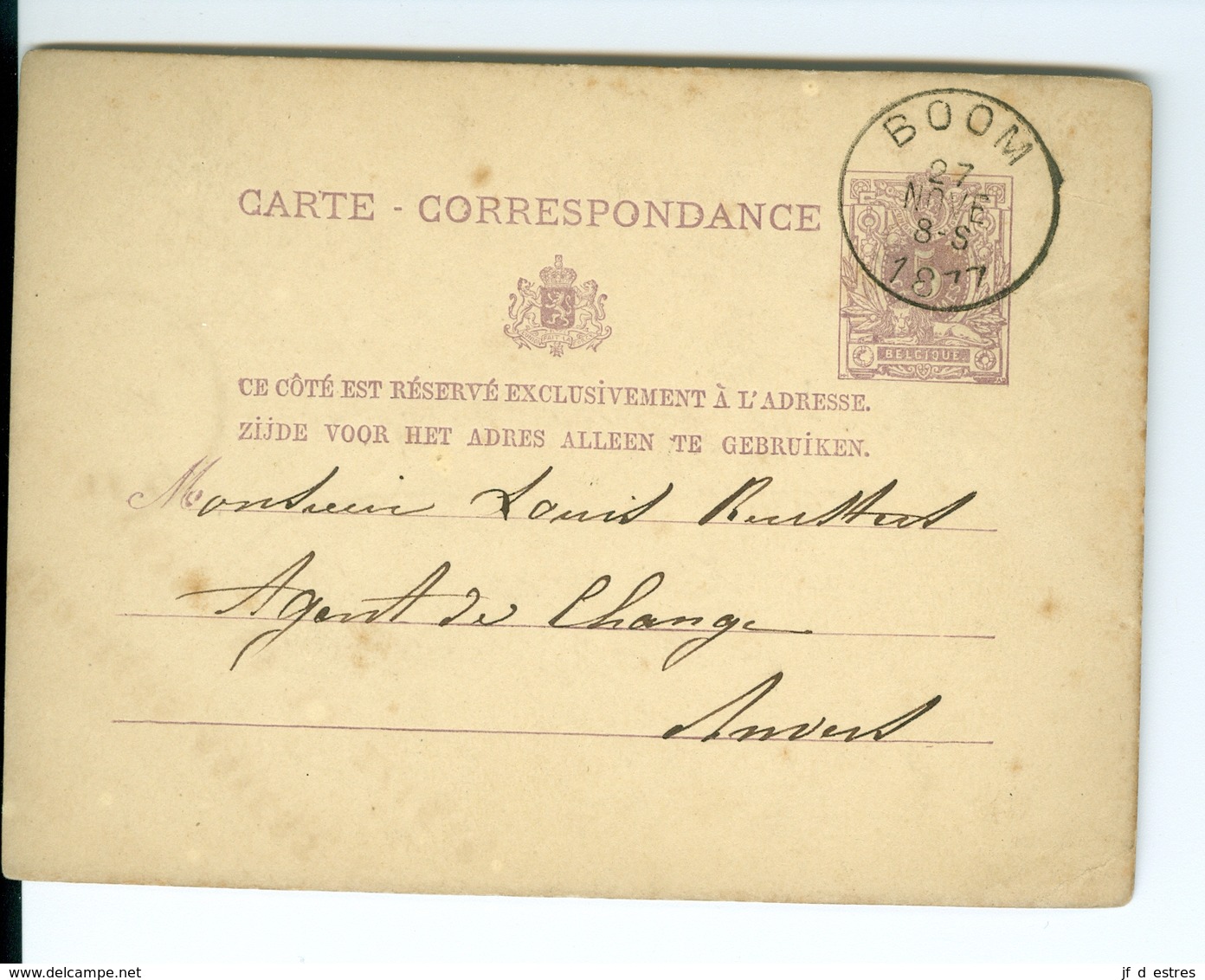 Carte Correspondance Préimprimée CàD Boom & Anvers 1877 Cachet Henri Troch Boom Agent De Change Anvers Postwaardestuk - Briefkaarten 1871-1909