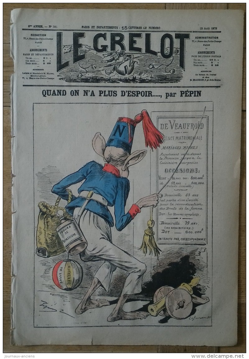 1878 Journal Satirique LE GRELOT N° 385 - QUAND ON N'A PLUS D'ESPOIR Par PEPIN - Riviste - Ante 1900