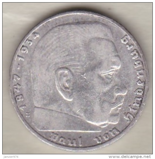 2 Reichsmark 1937 E (Muldenhütten) Paul Von Hindenburg, En Argent - 2 Reichsmark