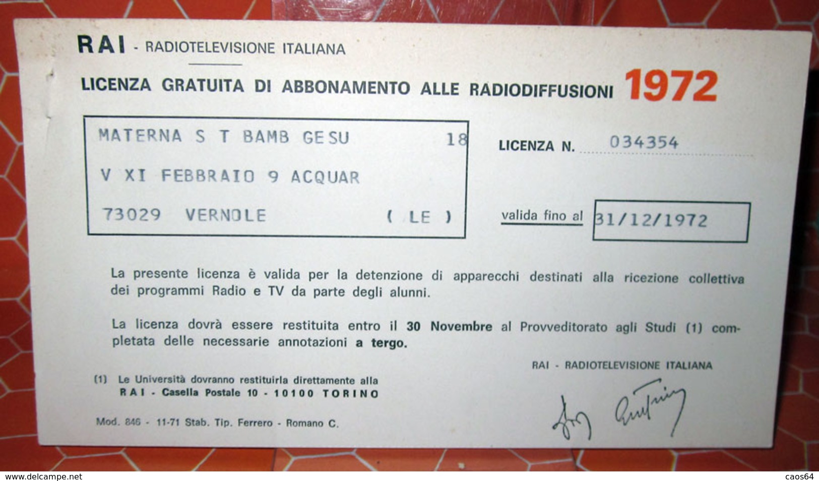 RAI LICENZA GRATUITA DI ABBONAMENTO RADIODIFFUSIONI 1972 - Italia