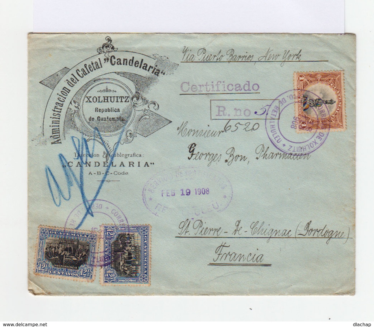 Sur Enveloppe Décorée 2 Timbres Déclaration De L'indépendance Et Un Timbre Un Peso. CAD Xolhuit 1908. (655) - Guatemala