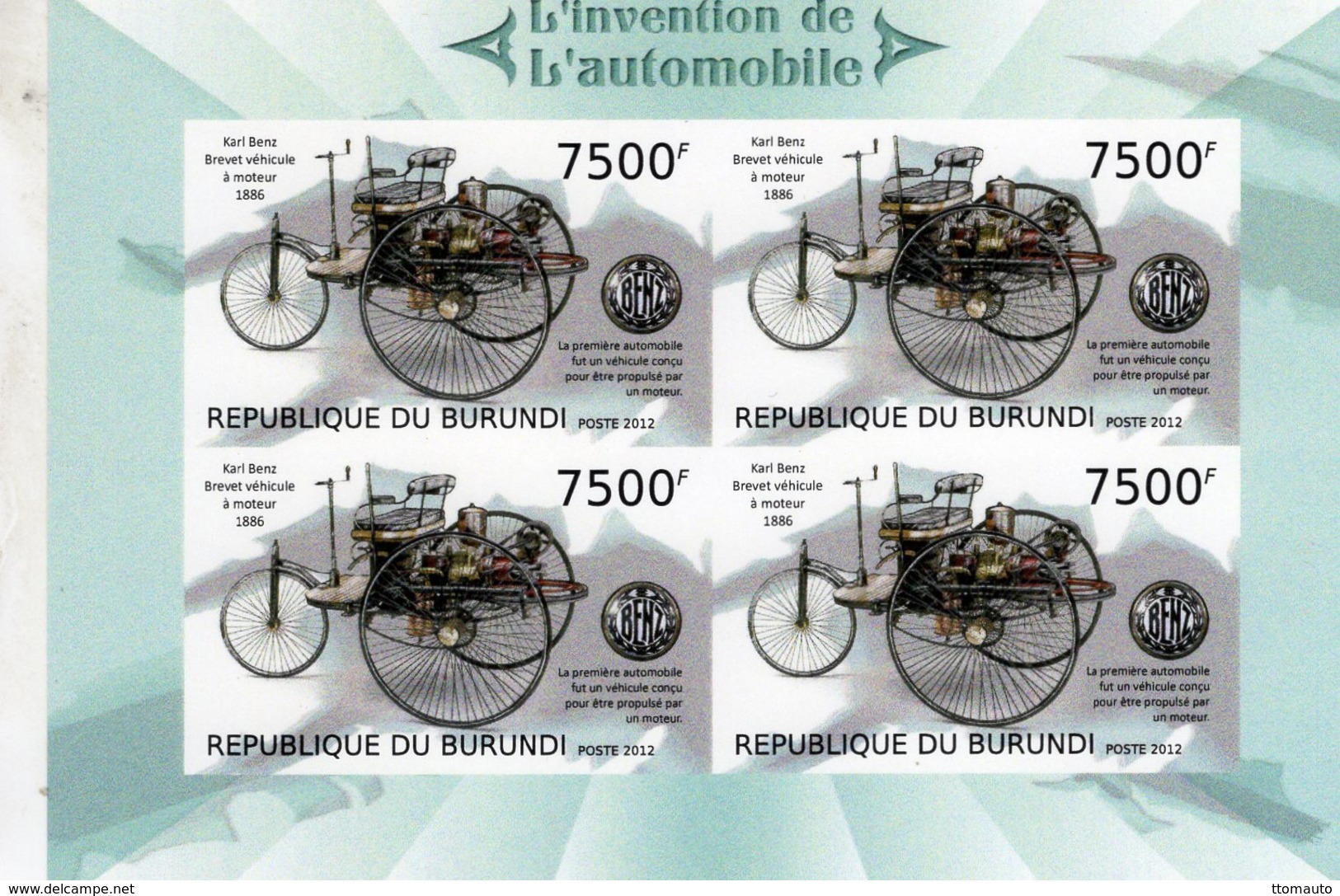 Burundi  -  Karl Benz Brevet Vehicule 1886  - 4v Miniature Sheet MNH Neuf IMPERF - Cars