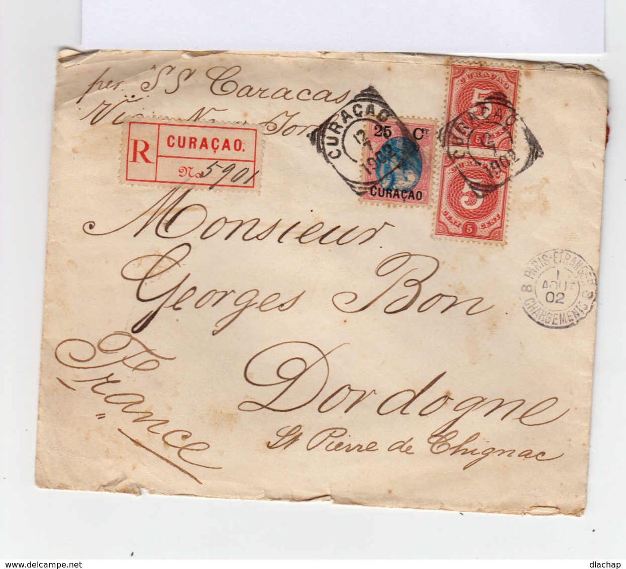 Sur Enveloppe Recommandée Trois Timbres Dont Un Surchargé 25 Ct. Oblitération Carré Curaçao 1902. (681) - Curaçao, Antilles Neérlandaises, Aruba