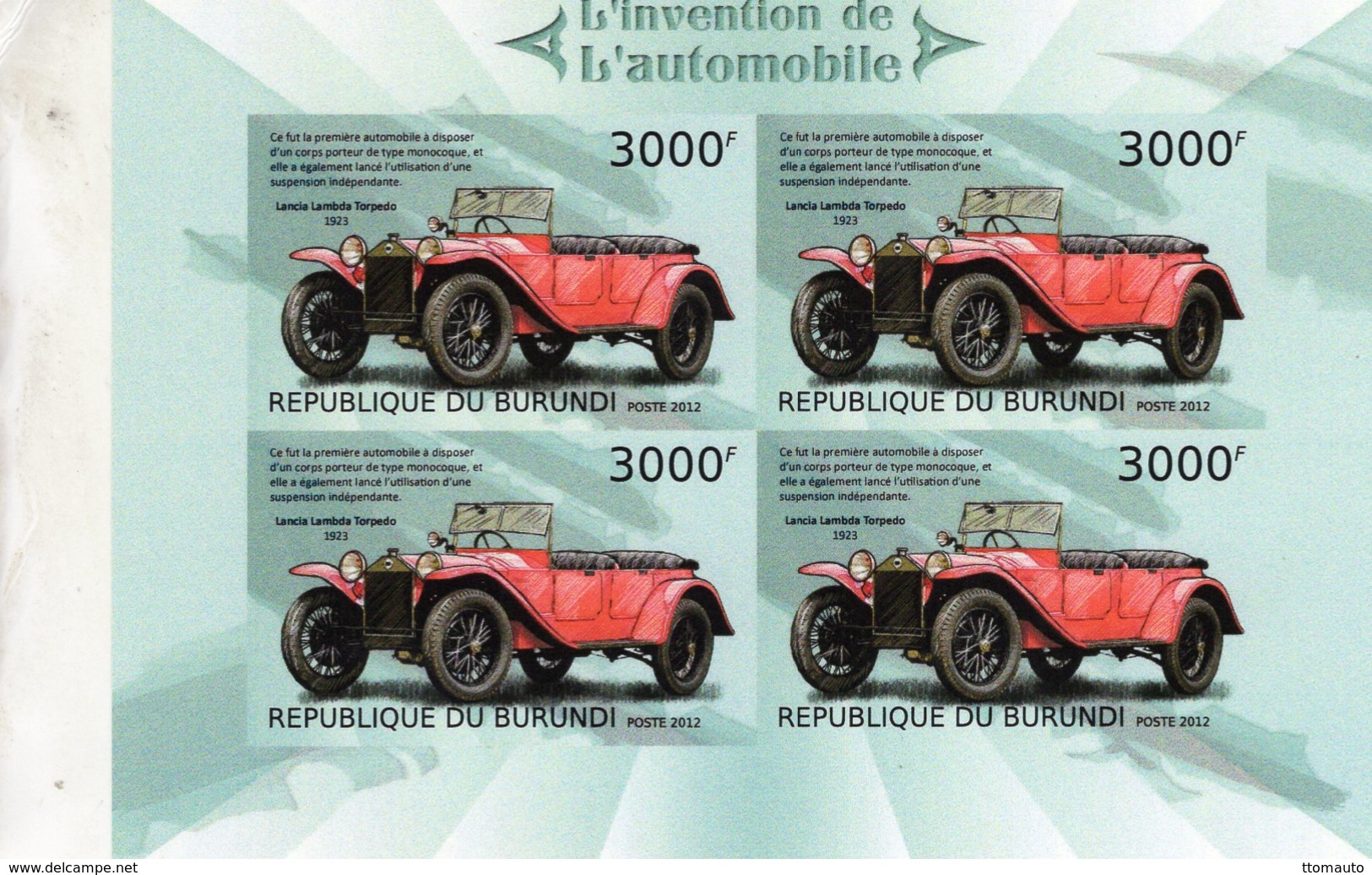 Burundi  -  Lancia Lambda Torpedo 1923  - 4v Miniature Sheet MNH Neuf IMPERF - Cars