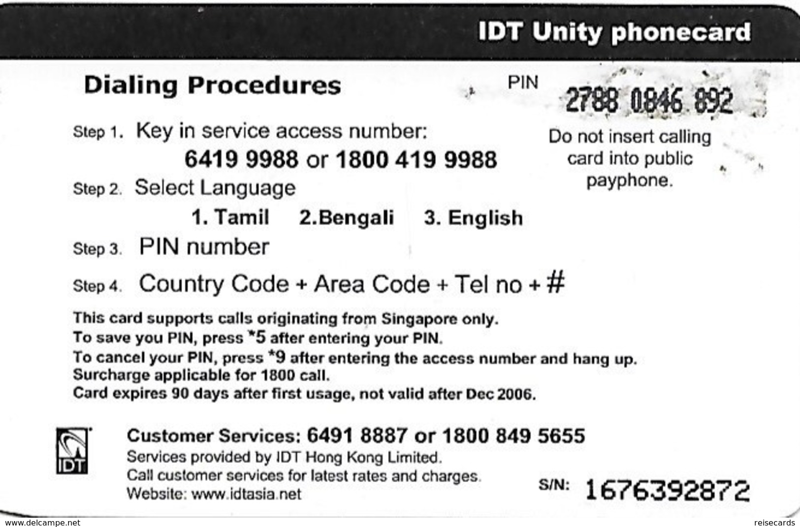 Prepaid: IDT Unity 12.06 - Singapour