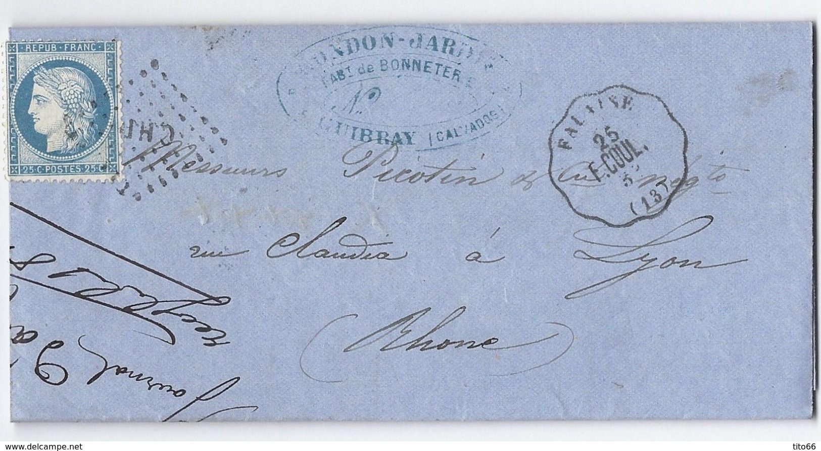 N°60 C Sur Lettre De Guibray TAD CONVOYEUR STATION Falaise Vers Lyon 21 Février 1875 - 1849-1876: Période Classique
