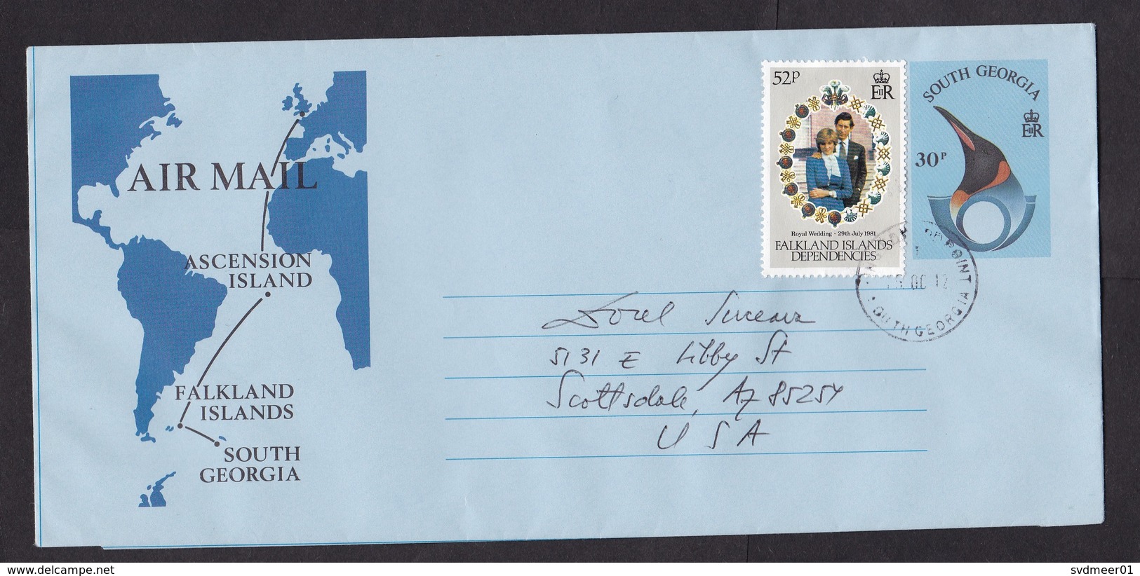 South Georgia: Stationery Aerogramme To USA, Extra Stamp Falkland Islands Dependencies, Map, Lady Diana (traces Of Use) - Andere & Zonder Classificatie