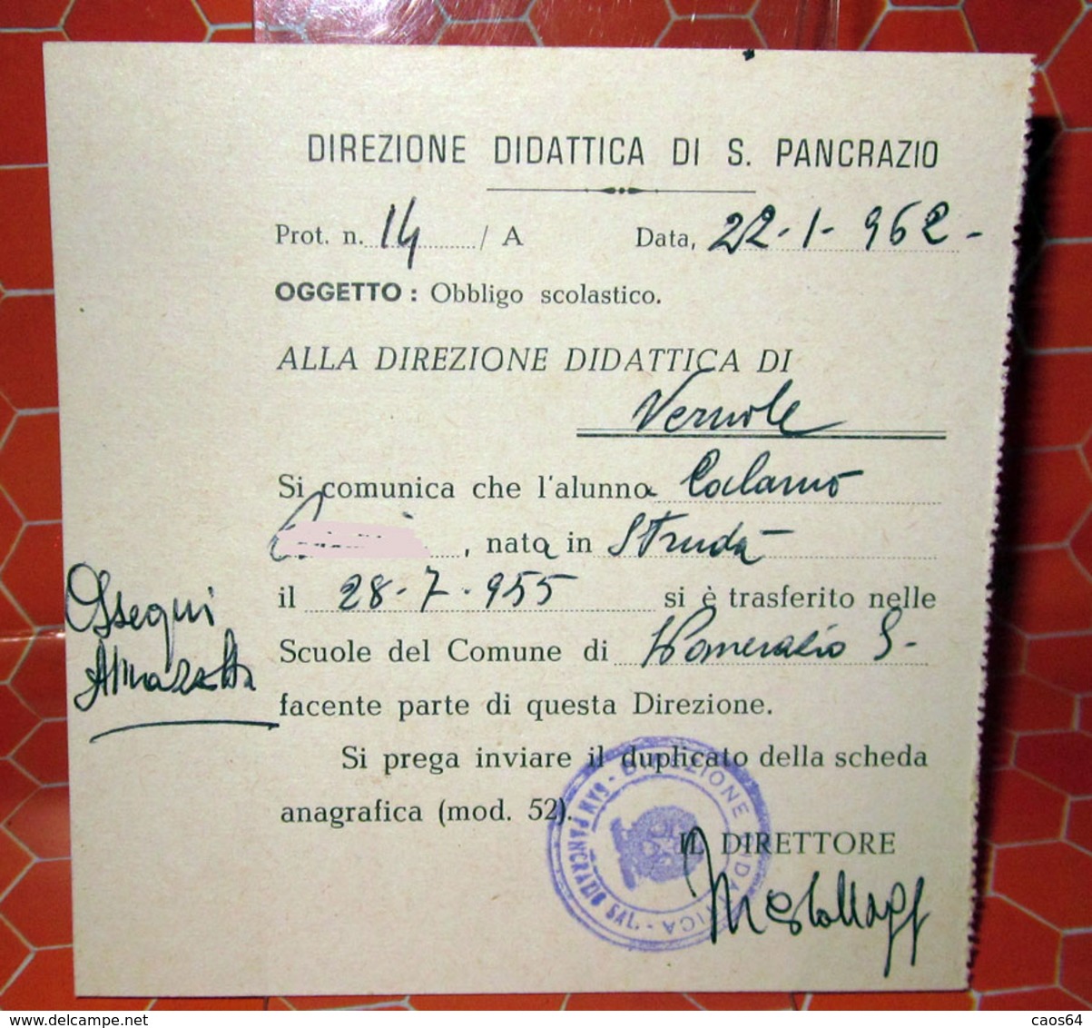 DIREZIONE DIDATTICA DI S. PANCRAZIO TIMBRO - Gebührenstempel, Impoststempel