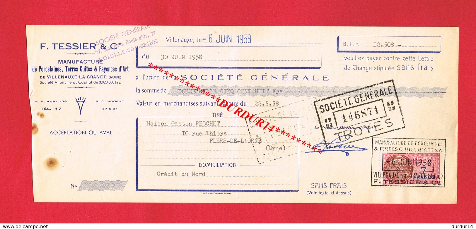 1 Lettre De Change & VILLENAUXE F TESSIER Manufacture De Porcelaine Terre Cuite Fayences - Lettres De Change