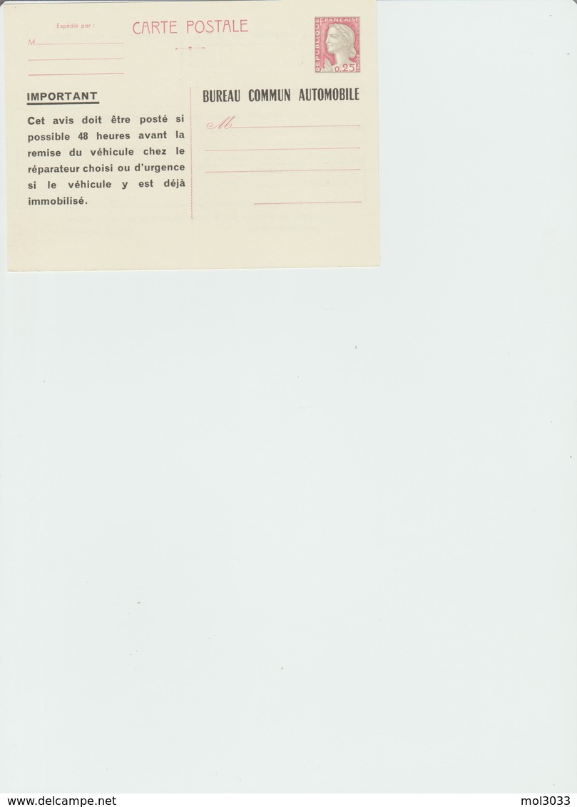 Entier Postal Repiqué "bureau Commun Automobile"neuf, N°1263 CP1 - Overprinter Postcards (before 1995)