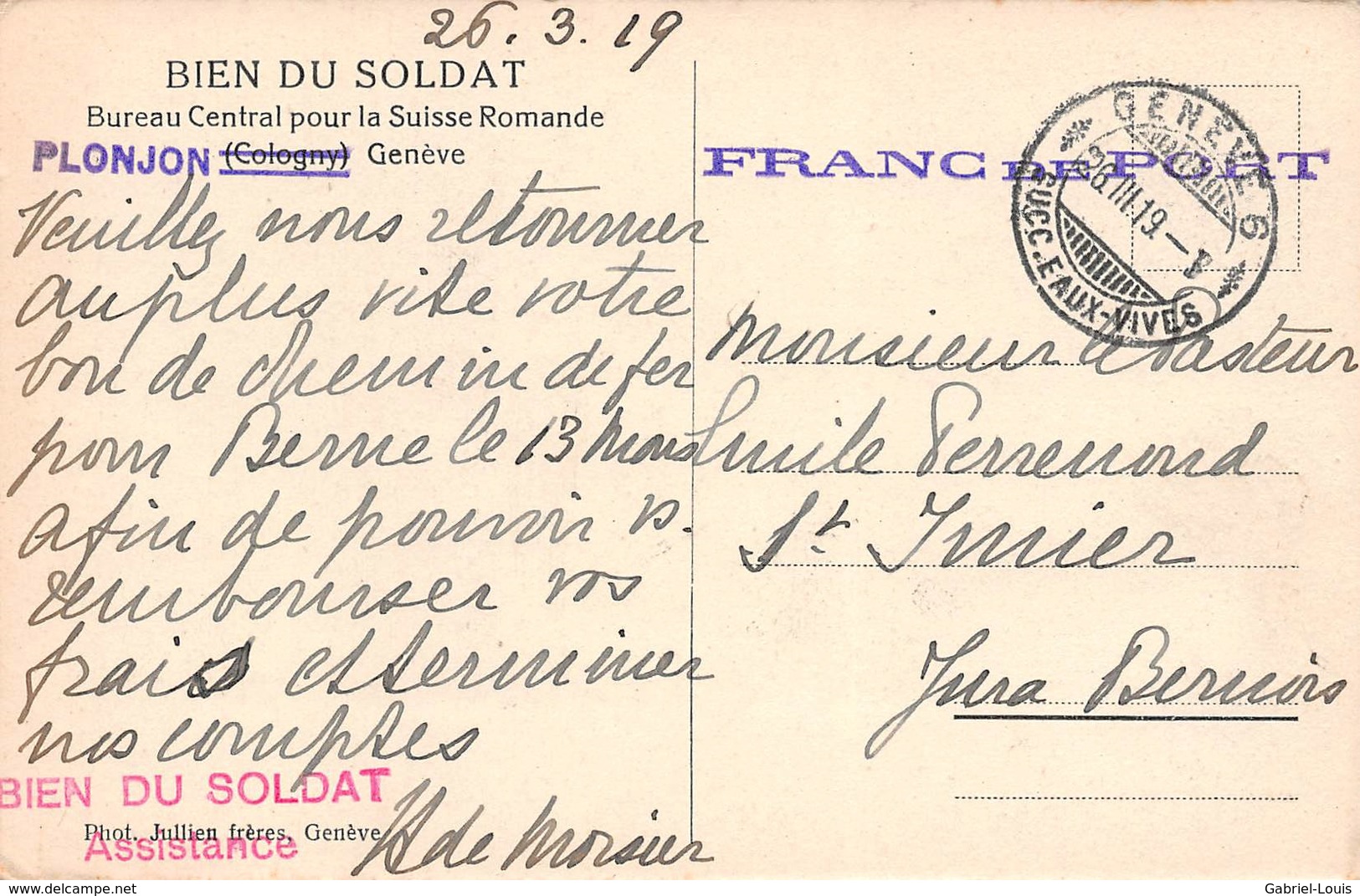 Bien Du Soldat - Bureau Central Pour La Suisse Romande - (Plonjon - Cologny - Genève )1919 - Cologny