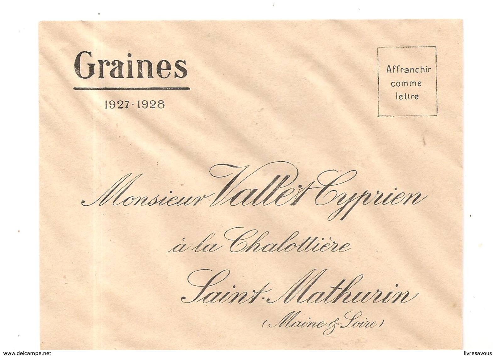 Enveloppe De Graines Des Etablissements Vallet Cyprien à La Chalotière à Saint Mathurin De 1927 - Petits Métiers