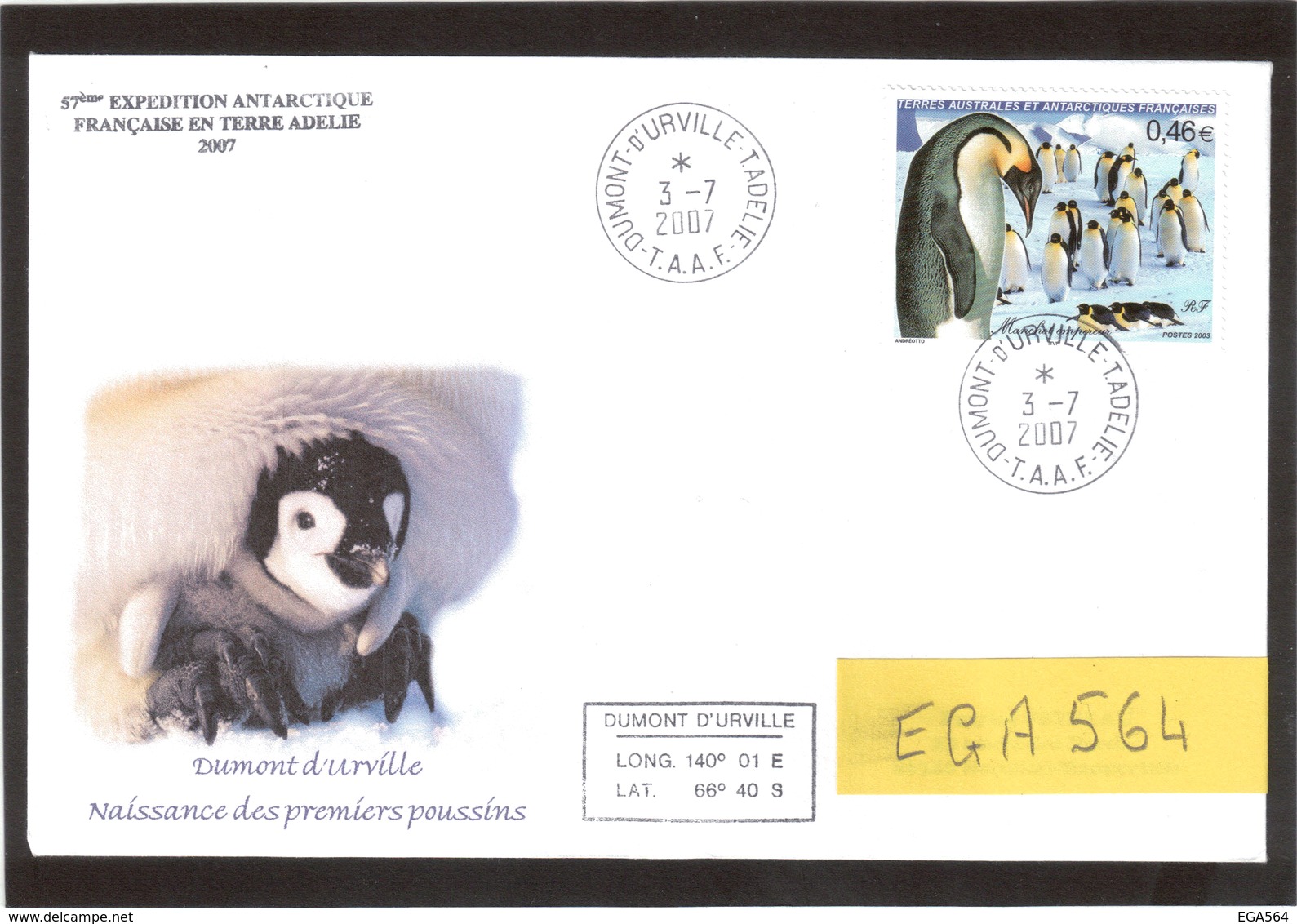 E37 - PO360 MANCHOT EMPEREUR Sur 2 Enveloppes Du 1.5.2007 Et 3.7.2007 - Le Premier Oeuf Et Le Premier Poussin En TA 2007 - Storia Postale