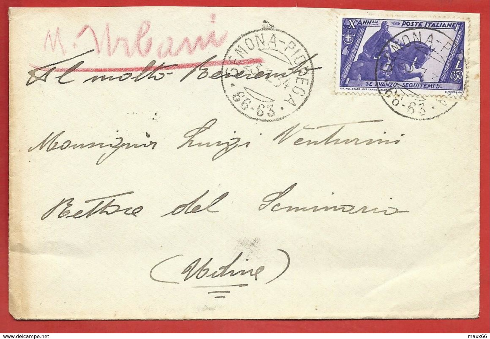 LETTERA VG ITALIA - ORDINARIA - Decennale Marcia Su ROMA 50 Cent. Isolato - 10 X 15 - ANN. 1934 GEMONA PIOVEGA - Poststempel