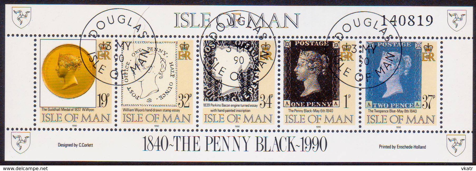 ISLE OF MAN 1990 SG 442a Sheetlet. Horiz.strip Of 5 Used 150th Anniv Of Penny Black - Isle Of Man