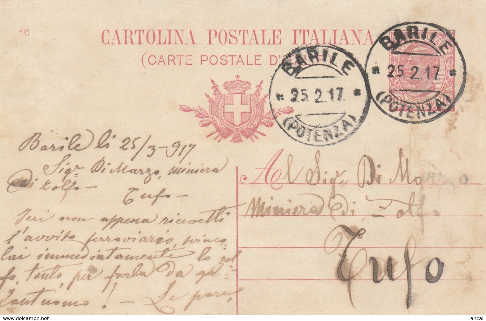 Barile. 1917. Annullo Guller BARILE (POTENZA),   Su Cartolina Postale Con Testo - Marcophilia