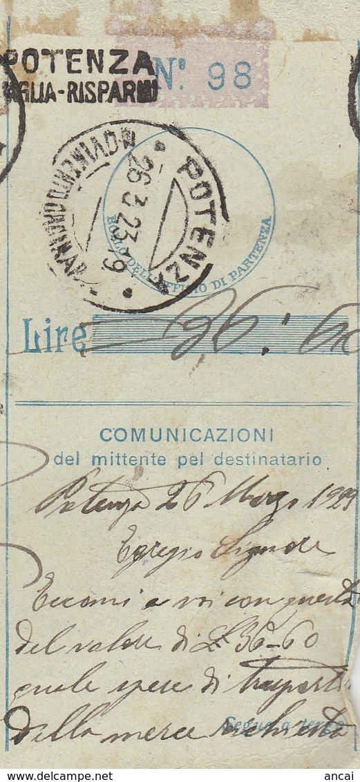 Potenza. 1923. Annullo Guller POTENZA *MOVIMENTO ORDINARIO* + Lineare POTENZA VAGLIA - RISPARMI,  Su Ricevuta Vaglia - Storia Postale