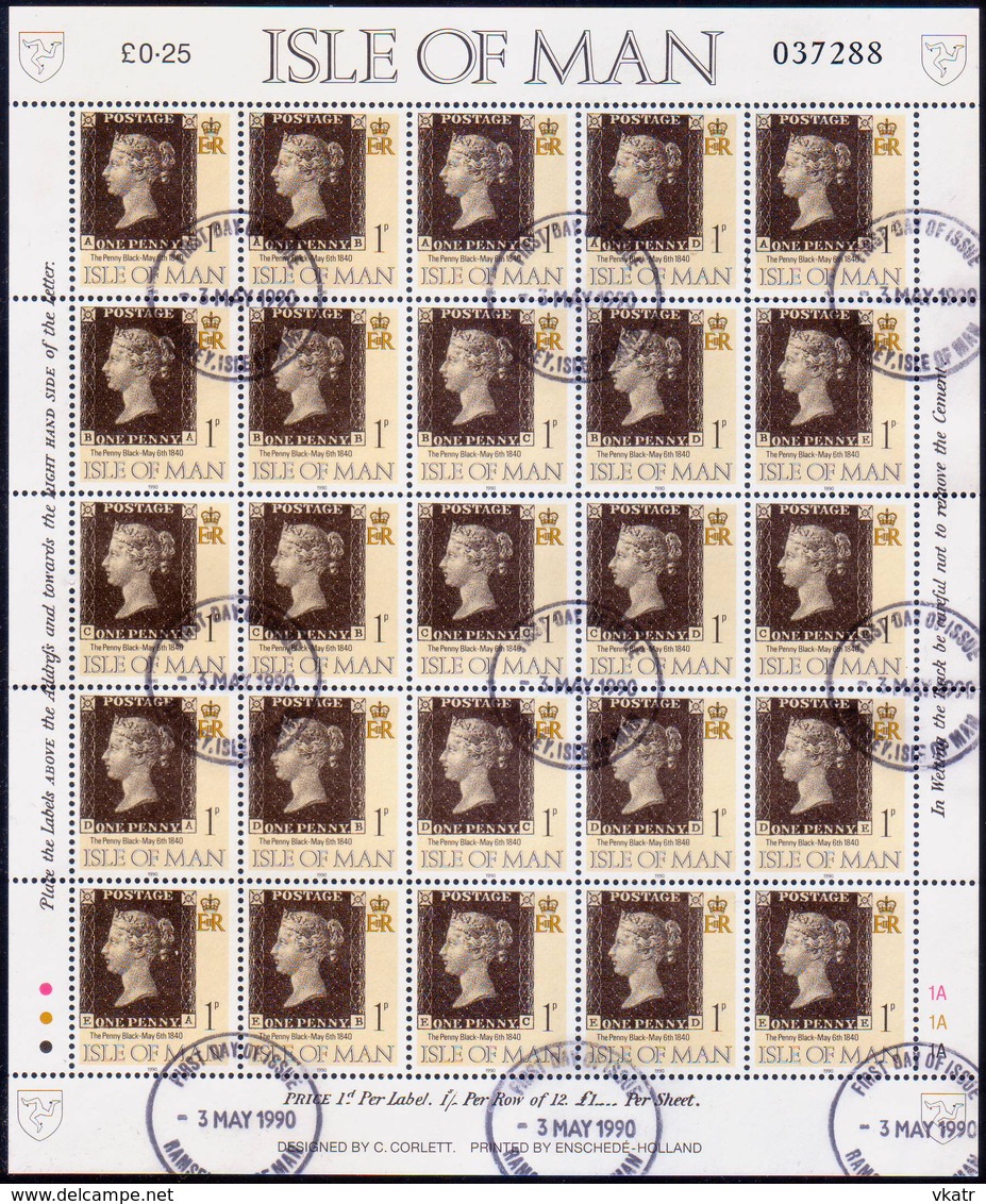 ISLE OF MAN 1990 SG 442a Sheetlet Of #442x25 Used 150th Anniv Of Penny Black - Isle Of Man