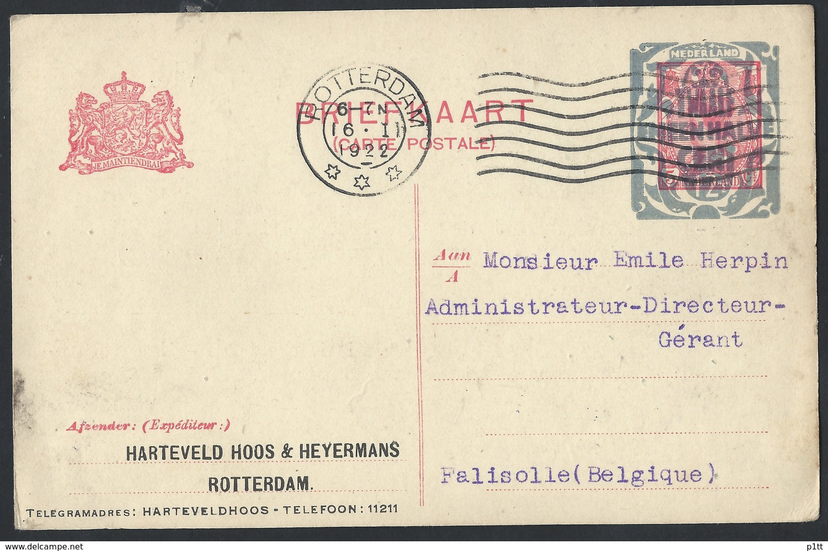 8n.Postcard. The Mail Was Circulated In 1922 Rotterdam (Netherlands) Falisolle (Belgium). Overprints Of Revaluation. - Storia Postale