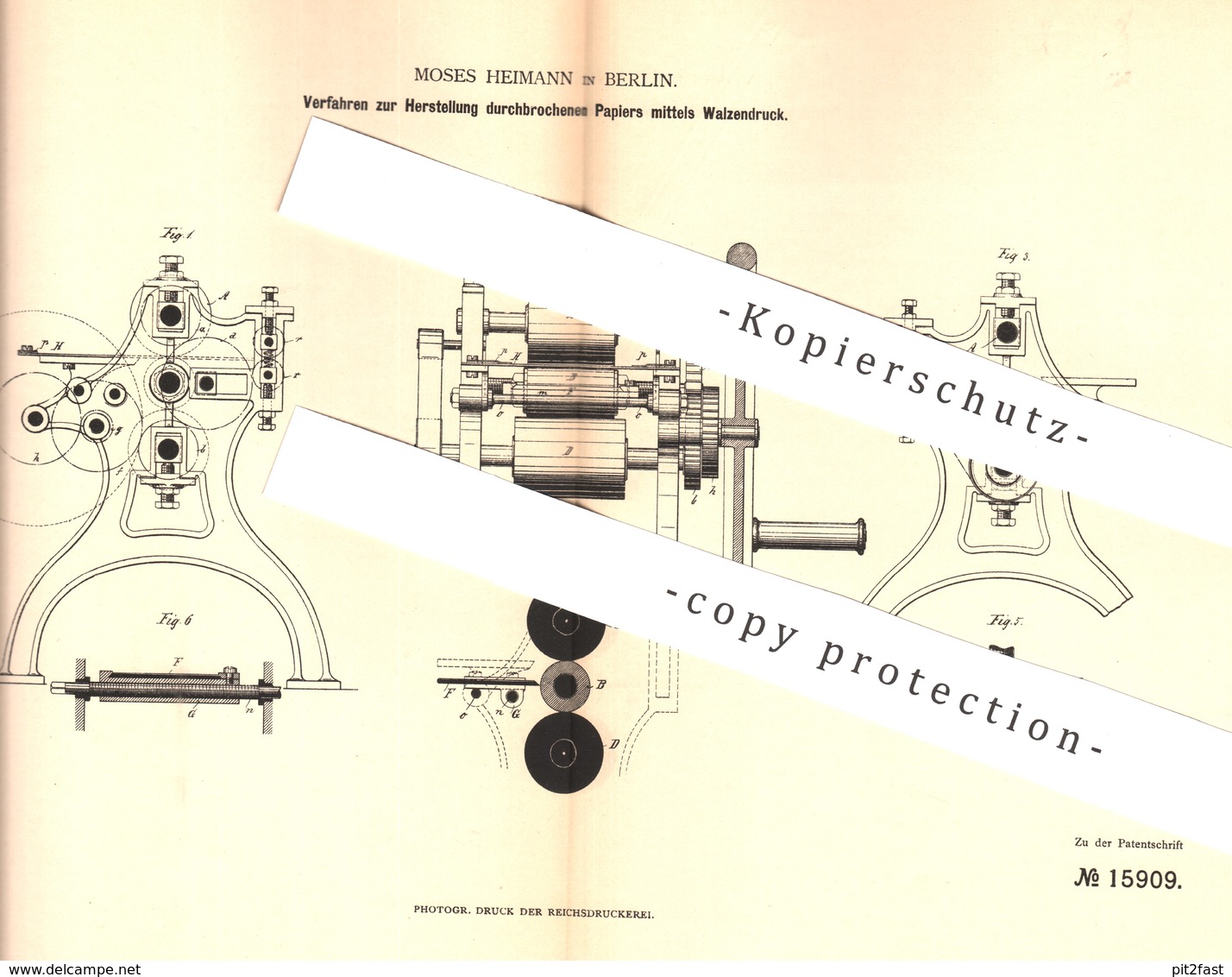 Original Patent - Moses Heimann , Berlin , 1881 , Durchbrochenes Papier Durch Walzendruck | Papierfabrik | Druck , Walze - Historische Dokumente