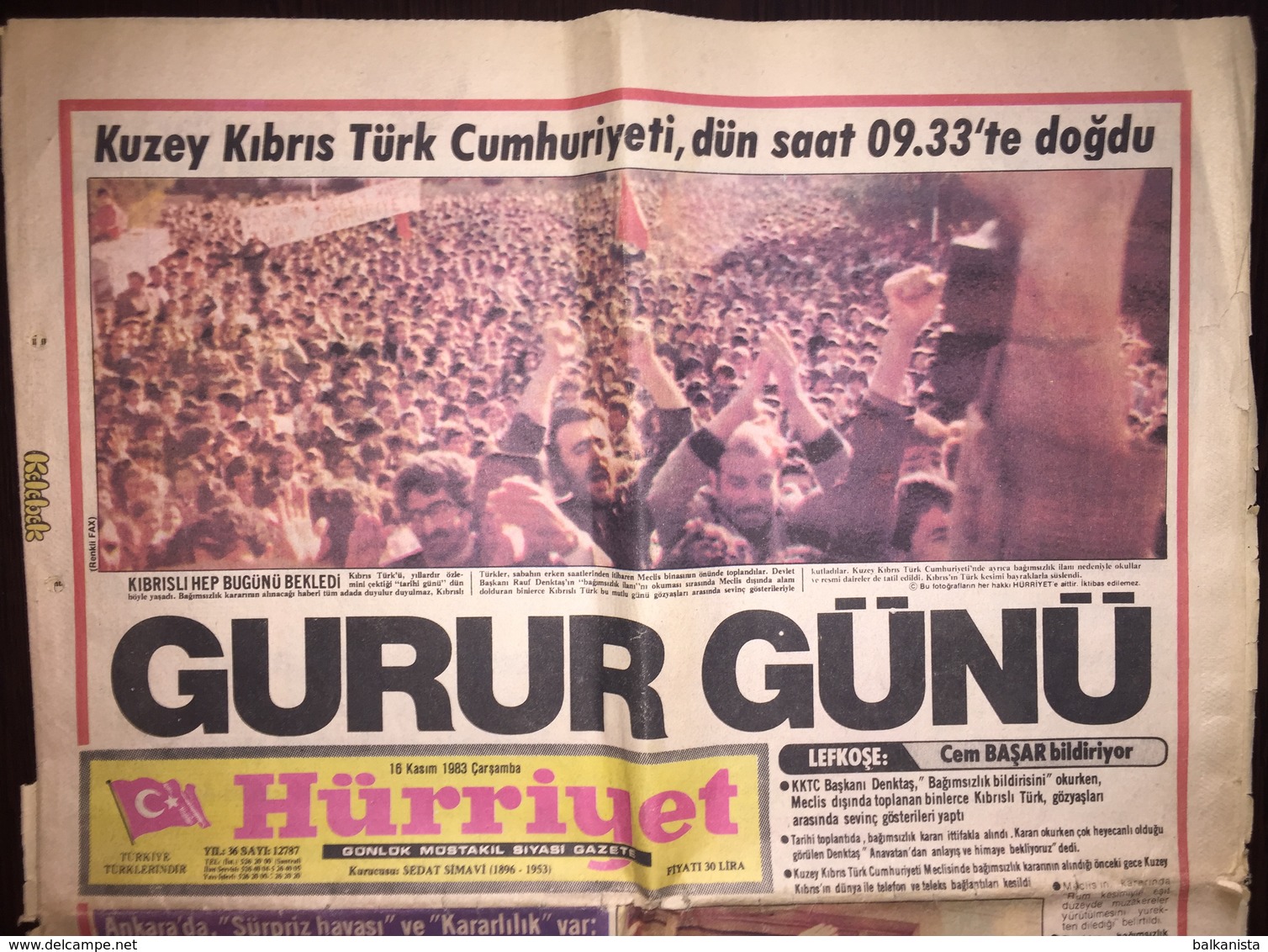 Cyprus - Turkish Newspaper Hurriyet 16 November 1983 - Kultur