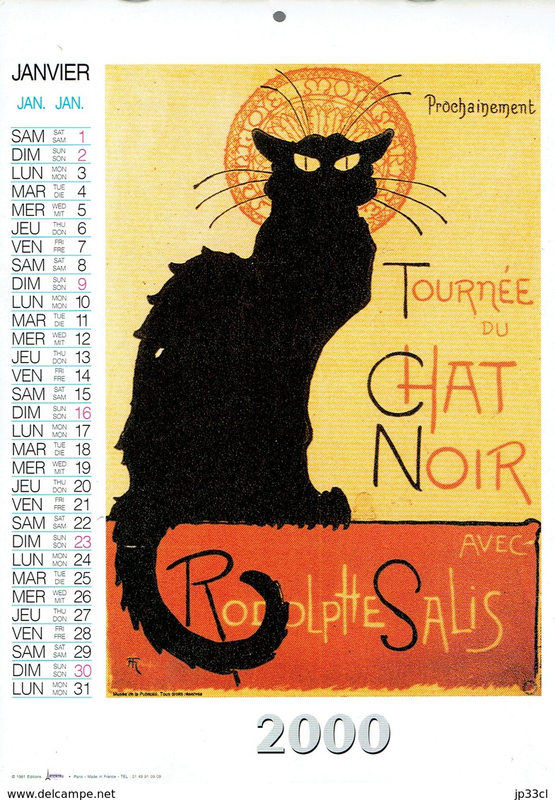 Chat Noir Toulouse-Lautrec Roedel Bruant Calendrier 2000 Des Editions Artertre - Big : 1991-00