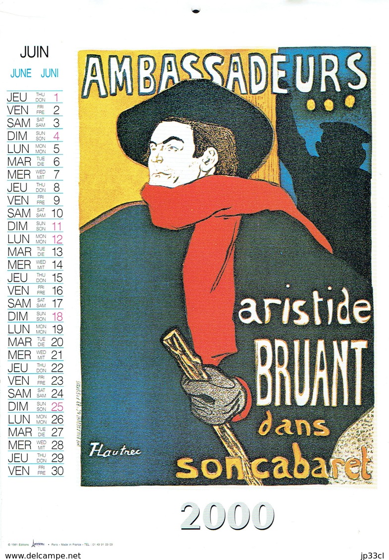 Chat Noir Toulouse-Lautrec Roedel Bruant Calendrier 2000 Des Editions Artertre - Tamaño Grande : 1991-00