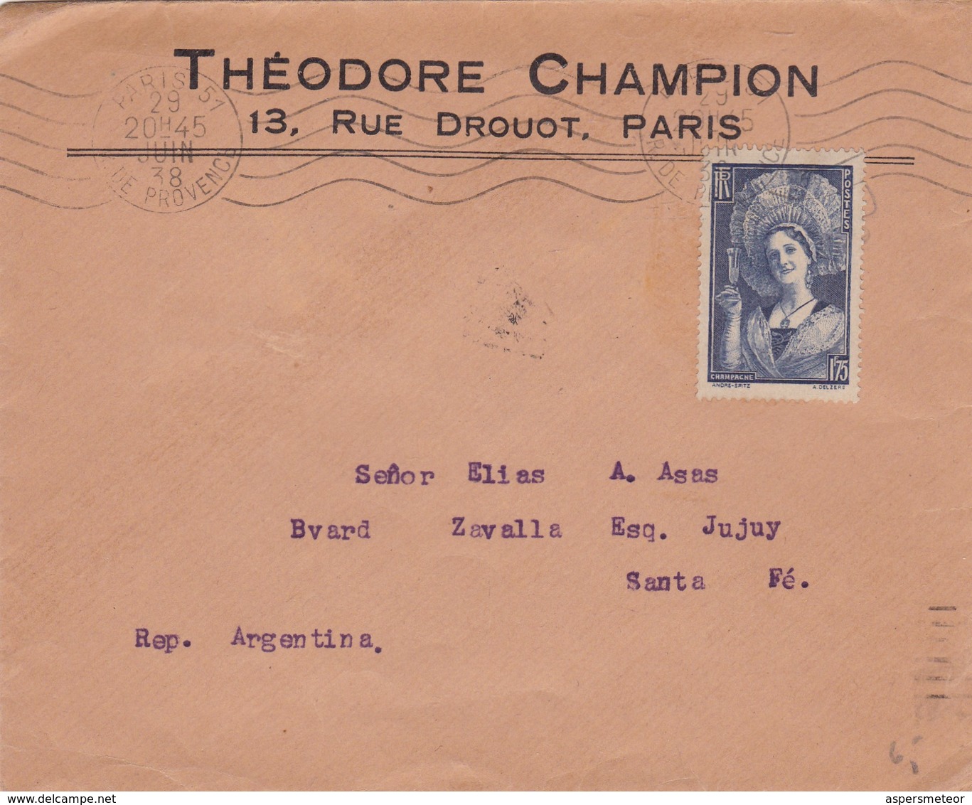 THEODORE CHAMPION. ENVELOPE CIRCULEE PARIS TO SANTA FE.YEAR 1938 AUTRE MARQUE. STAMP CHAMPAGNE BLEU- BLEUP - Briefe U. Dokumente