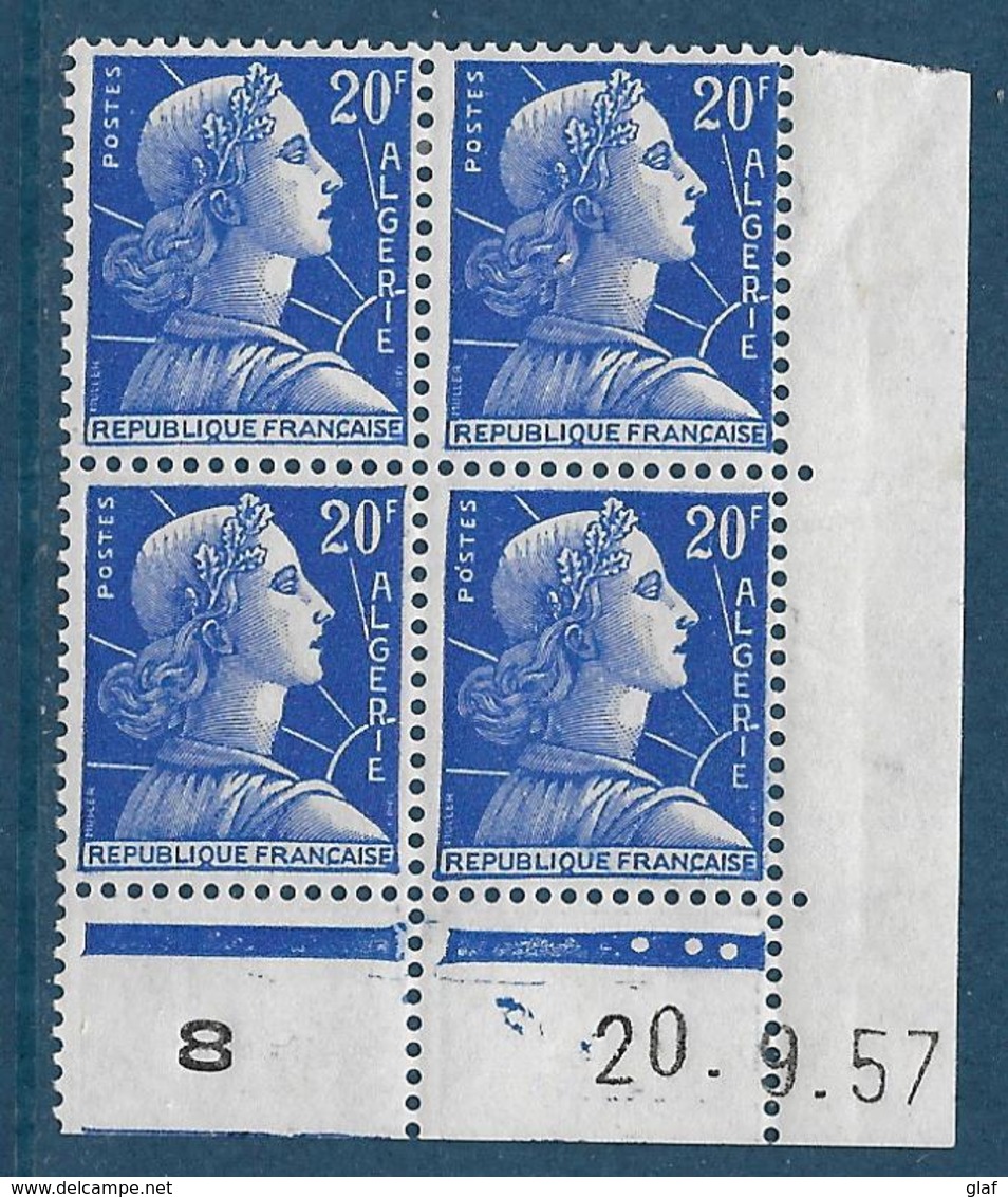 20 F Marianne De Muller D’Algérie Bloc De 4 Coin Daté 20.9.1957 Presse 8 – Neuf Sans Charnière - 1955-1961 Marianne Of Muller