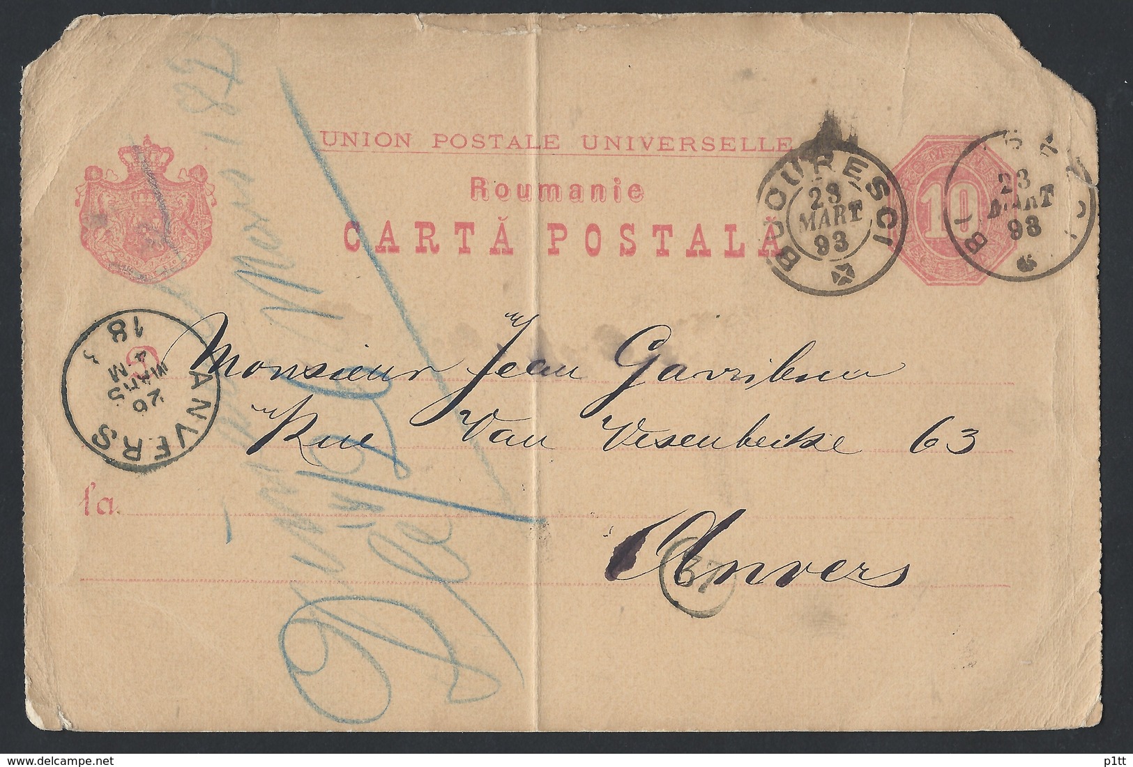 1ro.Postcard. The Mail Went Through 1898 Bucharest (Romania) Anwers (Belgium) - Covers & Documents