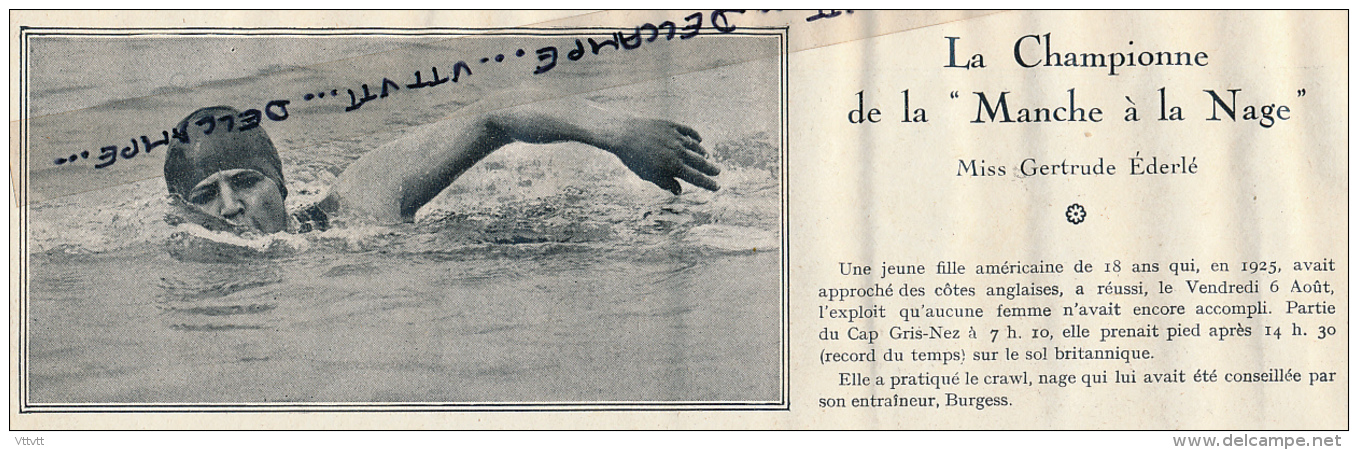 1926 : NATATION, L' Américiane Miss Gertrude Ederlé, Première Femme à Traversée La Manche à La Nage - Collections